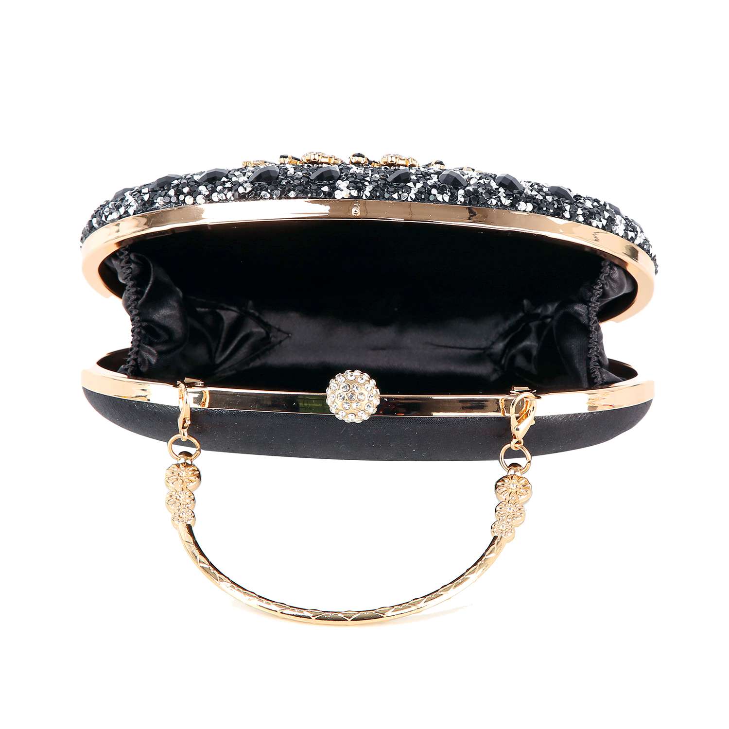 The Highly Decorative Retro Evening Bag features a black design with a gold handle, jeweled clasp, sparkling rhinestone embellishments, and an open view showing its black satin interior.