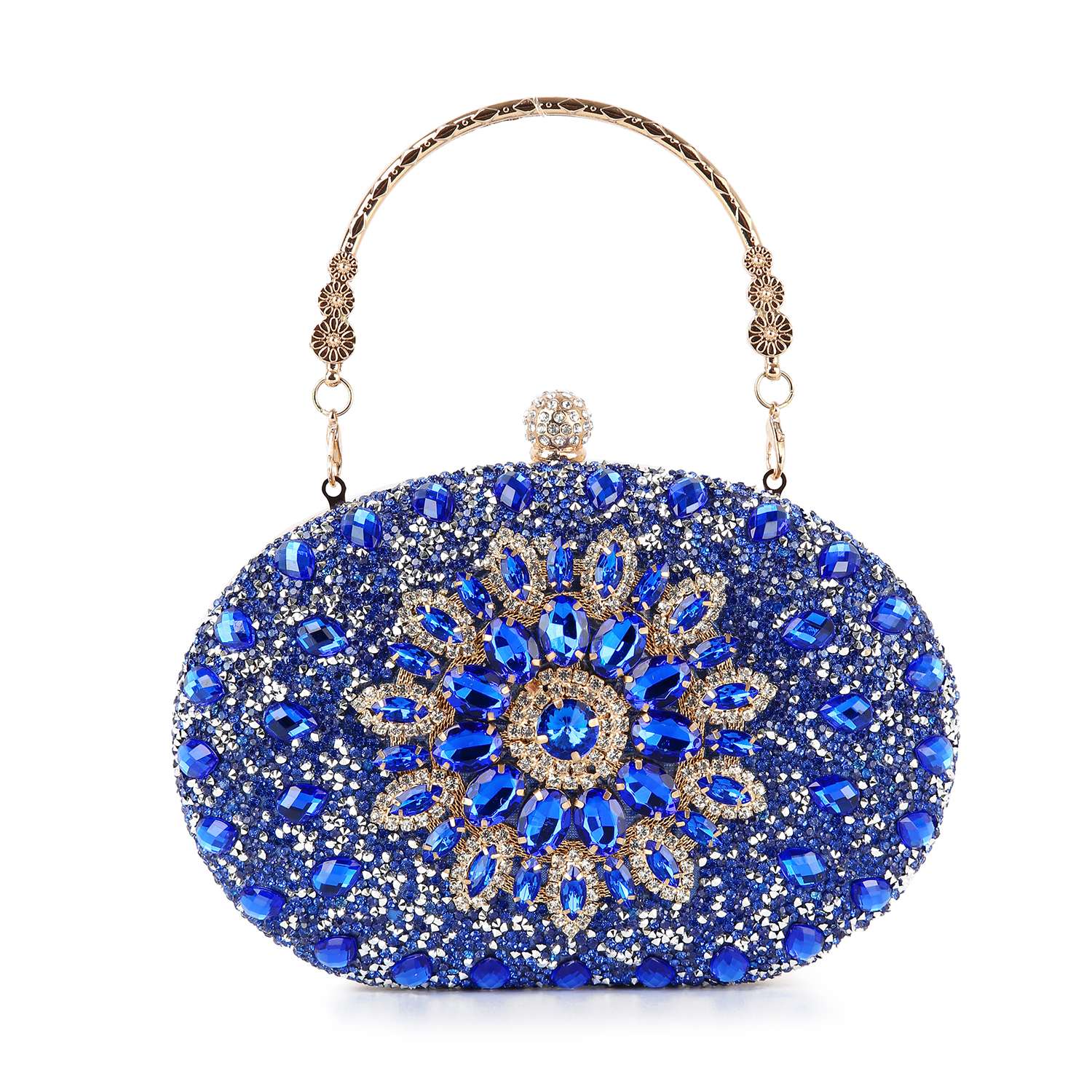 The Highly Decorative Retro Evening Bag is an oval-shaped evening bag encrusted with blue and gold rhinestones, featuring a central retro floral pattern and a gold chain handle.