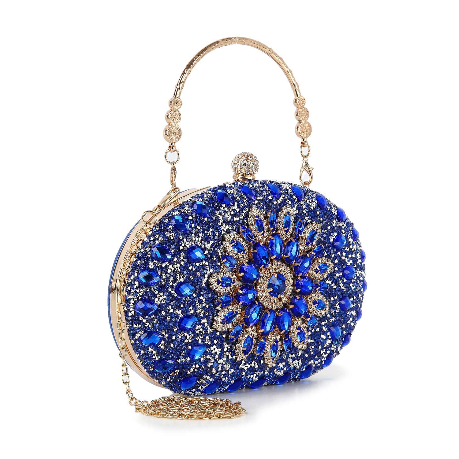 The Highly Decorative Retro Evening Bag is an oval blue jeweled purse with gold and blue gemstone floral patterns, a beaded gold handle, and a chic chain handle. Elevate any special occasion with its retro elegance.
