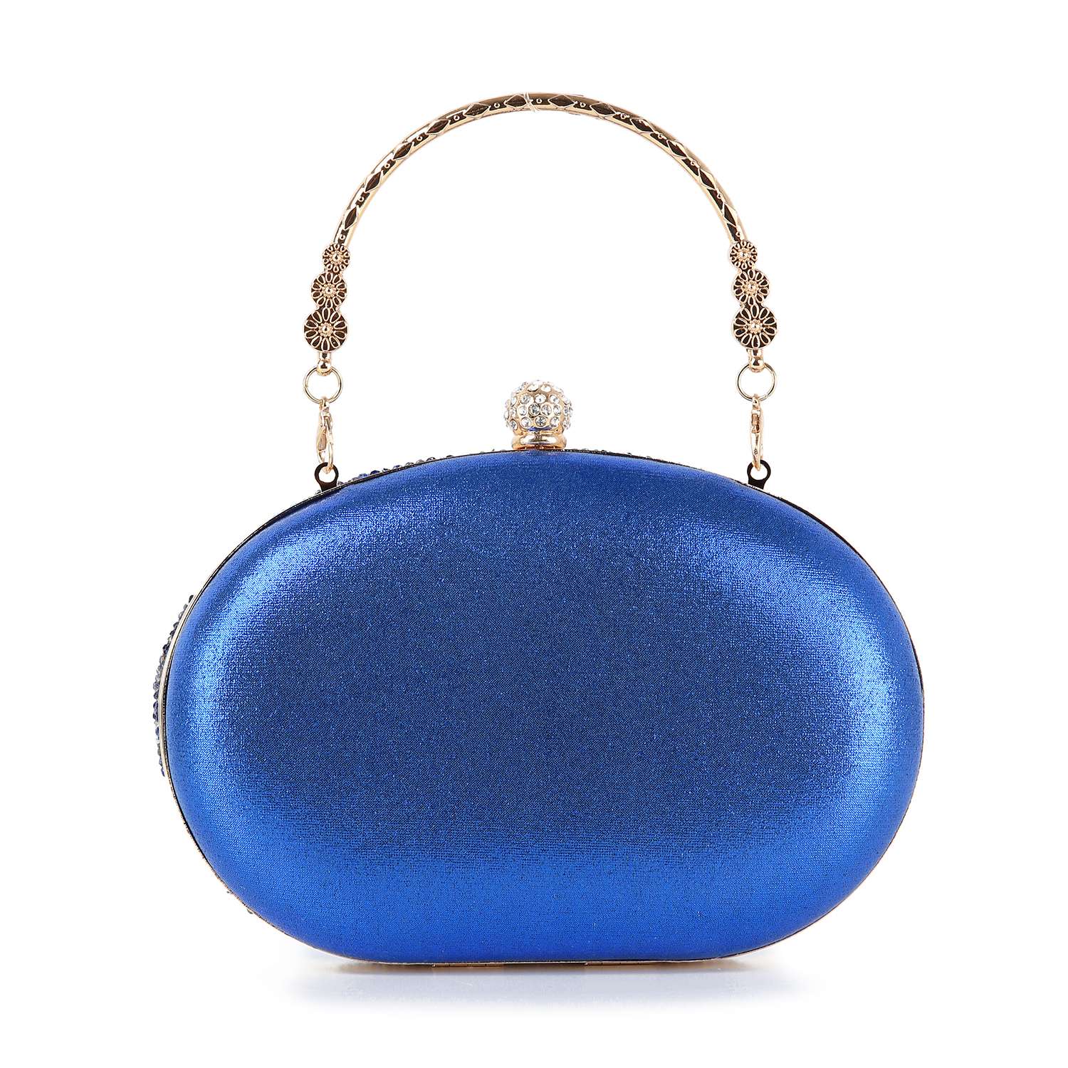 The Highly Decorative Retro Evening Bag is a shiny, oval-shaped blue bag featuring a gold handle and ornate clasp, shown against a white background.