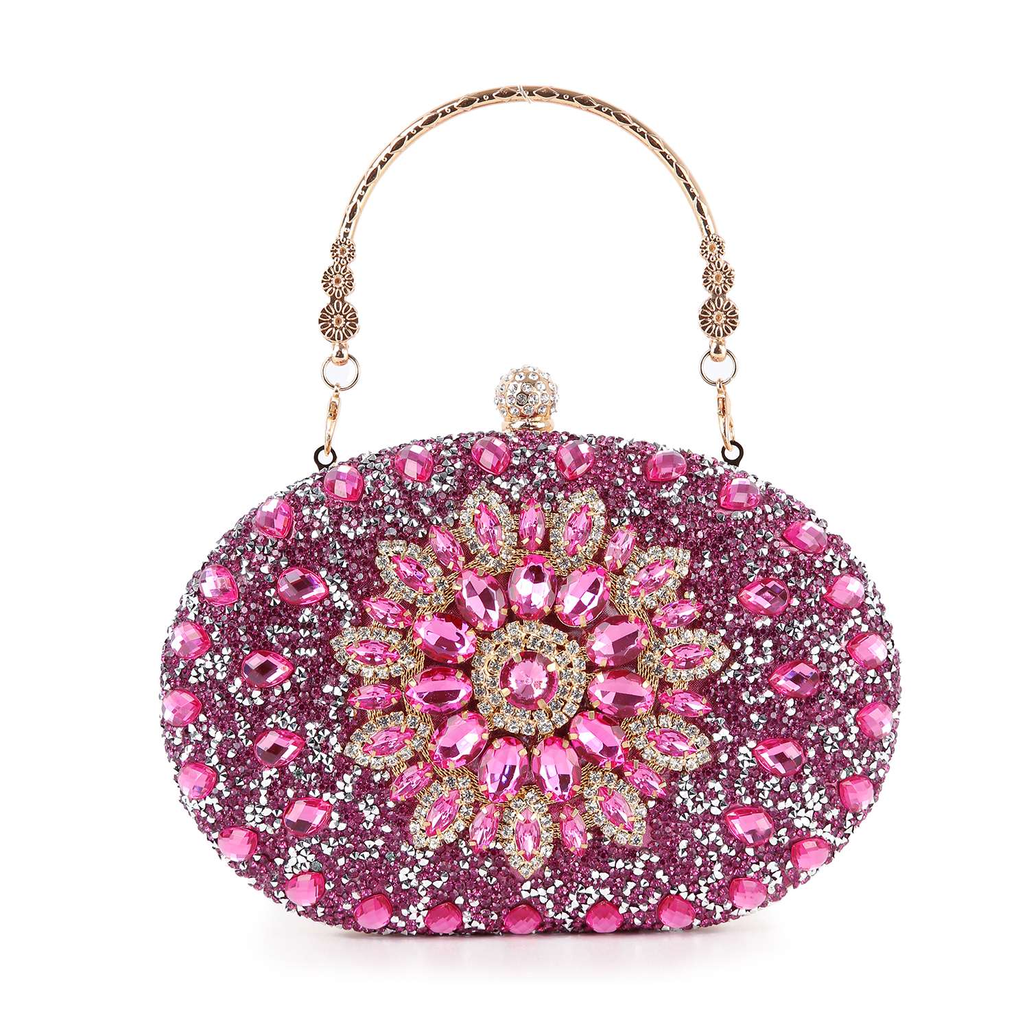 The Highly Decorative Retro Evening Bag is an oval-shaped accessory embellished with pink and silver rhinestones in a floral pattern, featuring a jeweled clasp and an ornate gold chain handle.