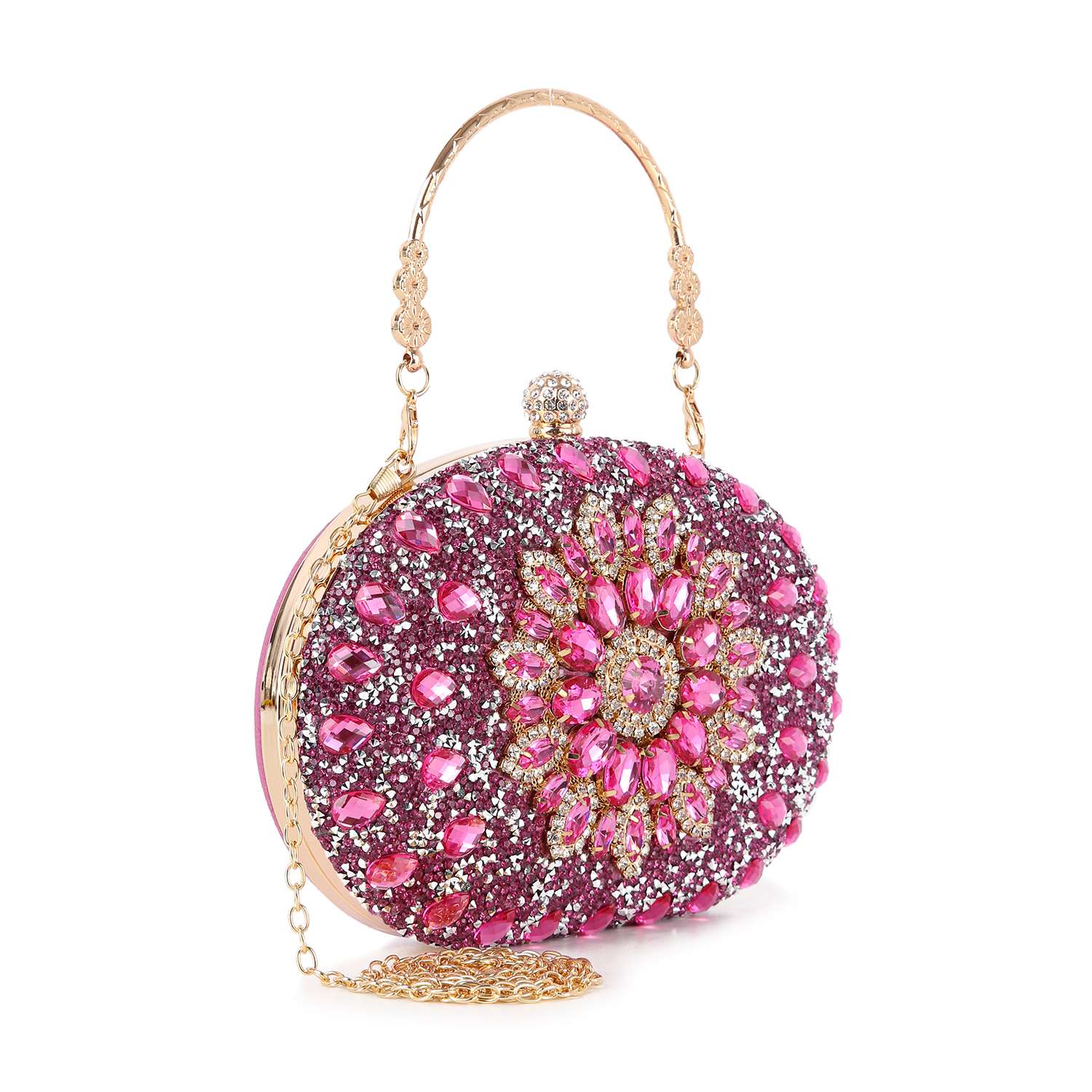 The Highly Decorative Retro Evening Bag is an oval-shaped evening bag with pink and gold gemstones in a floral pattern, a gold handle, side chain handle, decorative clasp, and luxe faux leather for an elegant touch.