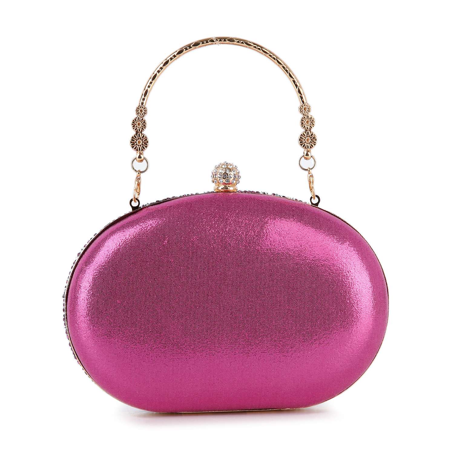 The Highly Decorative Retro Evening Bag is a shiny, oval-shaped pink evening bag featuring a gold handle and ornate top clasp, displayed against a white background.