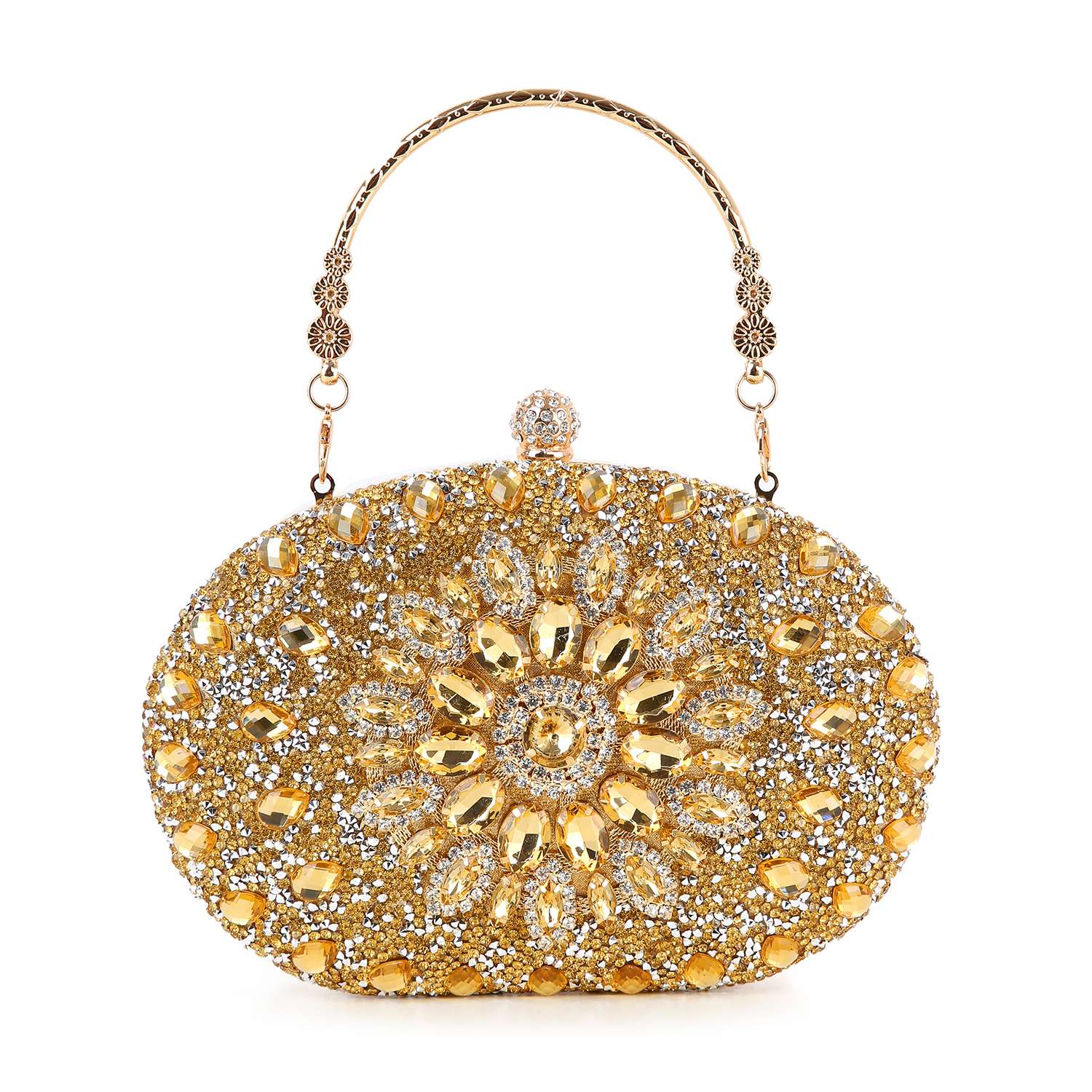 The Highly Decorative Retro Evening Bag is an oval gold evening bag with yellow and clear rhinestones in a floral pattern, featuring a retro design, decorative handle, and sparkling clasp.