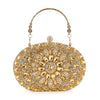 The Highly Decorative Retro Evening Bag is an oval gold evening bag with yellow and clear rhinestones in a floral pattern, featuring a retro design, decorative handle, and sparkling clasp.