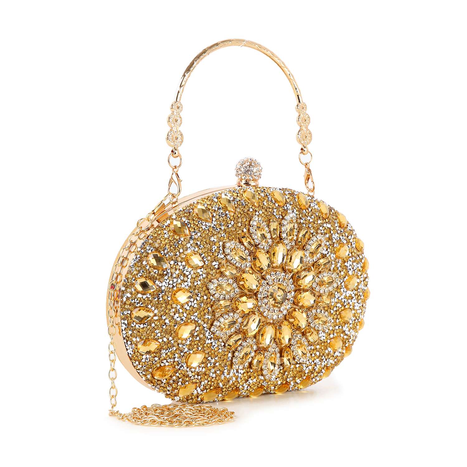 The Highly Decorative Retro Evening Bag is an oval-shaped gold evening bag embellished with sparkling yellow and clear crystals in a floral pattern, featuring a decorative chain handle and detachable gold chain.