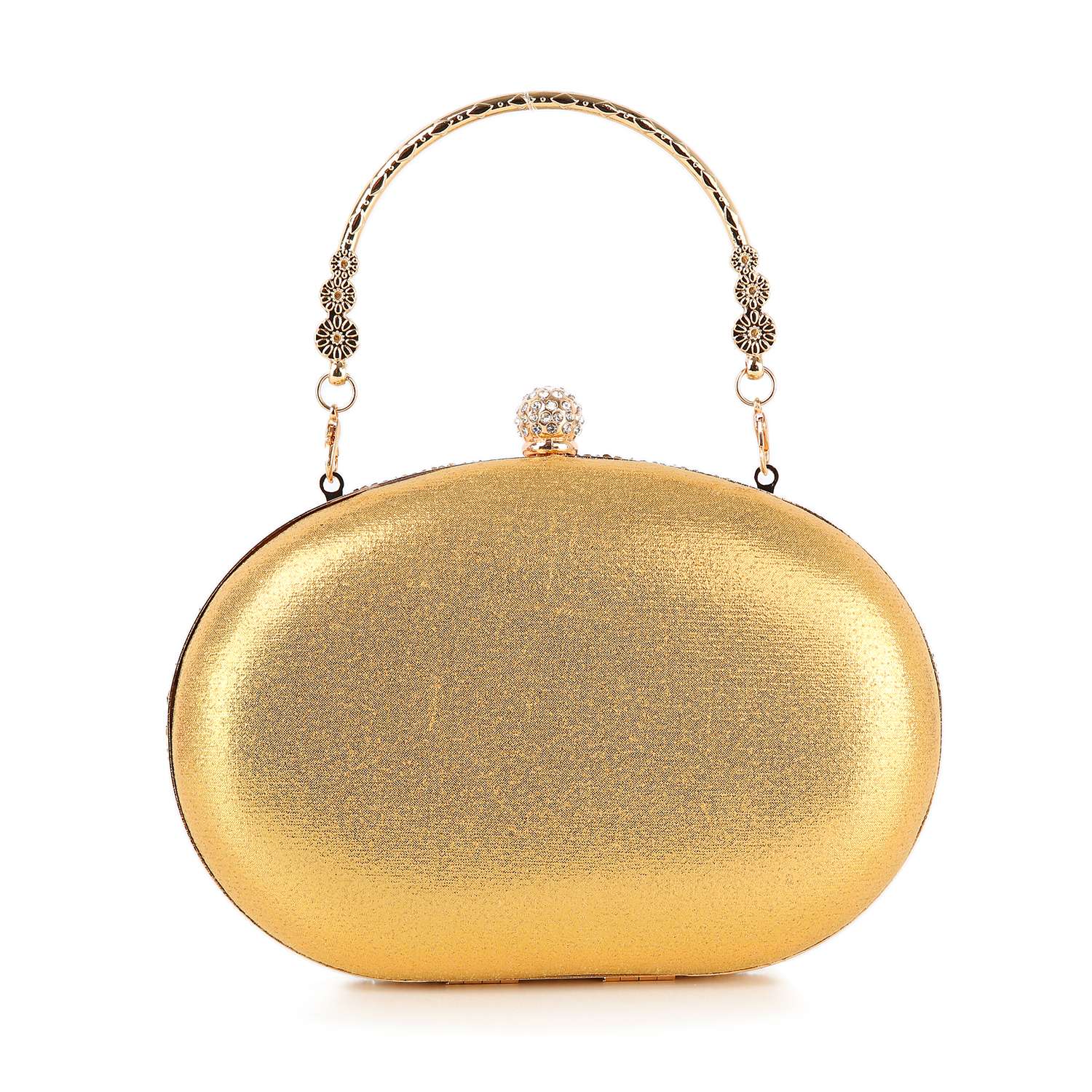 The Highly Decorative Retro Evening Bag is a small, oval-shaped gold accessory featuring a textured surface, ornate metal handle, and a crystal clasp for added elegance.