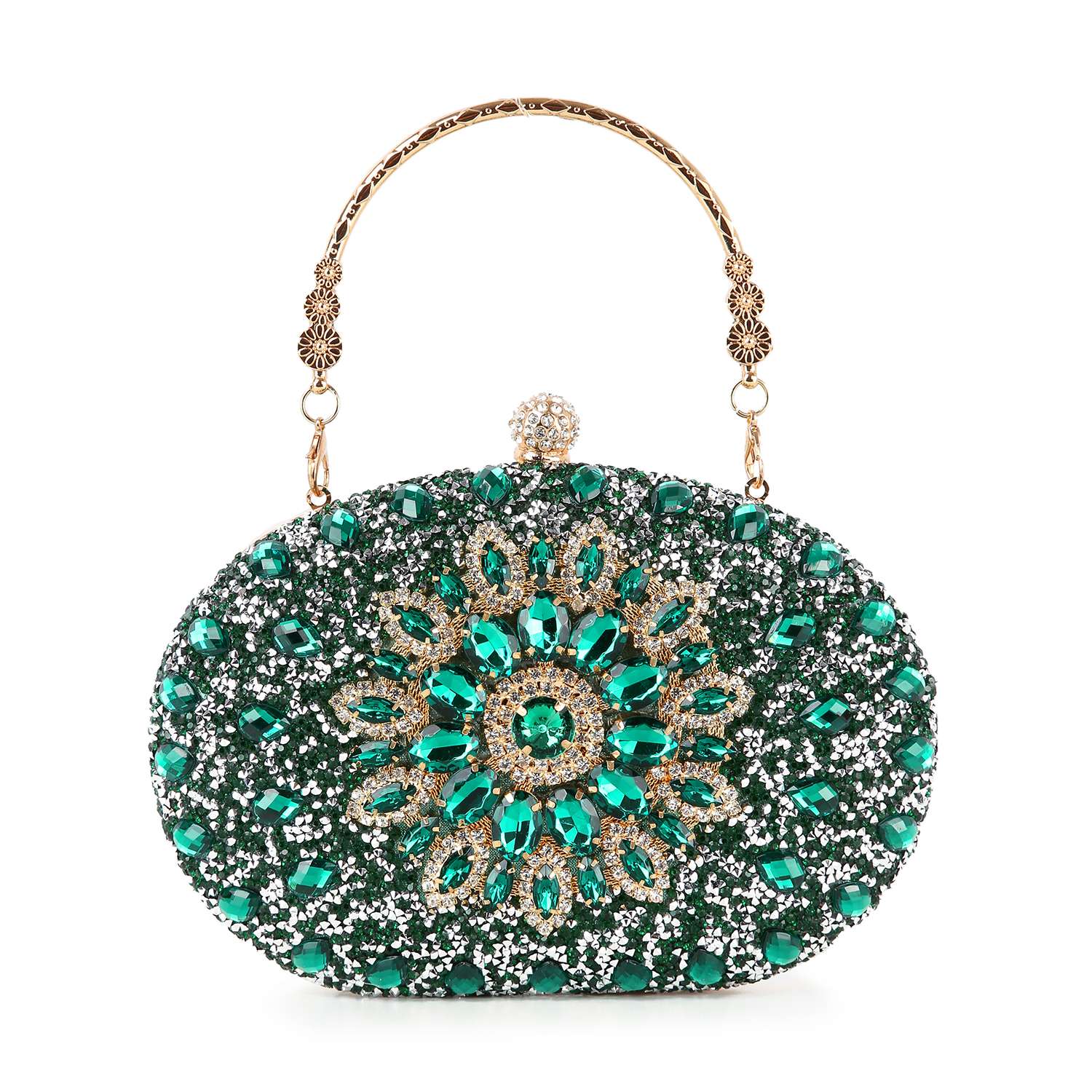 The Highly Decorative Retro Evening Bag is an oval-shaped evening purse adorned with green and clear gemstones in a floral retro design, featuring a jeweled clasp and a gold chain handle.