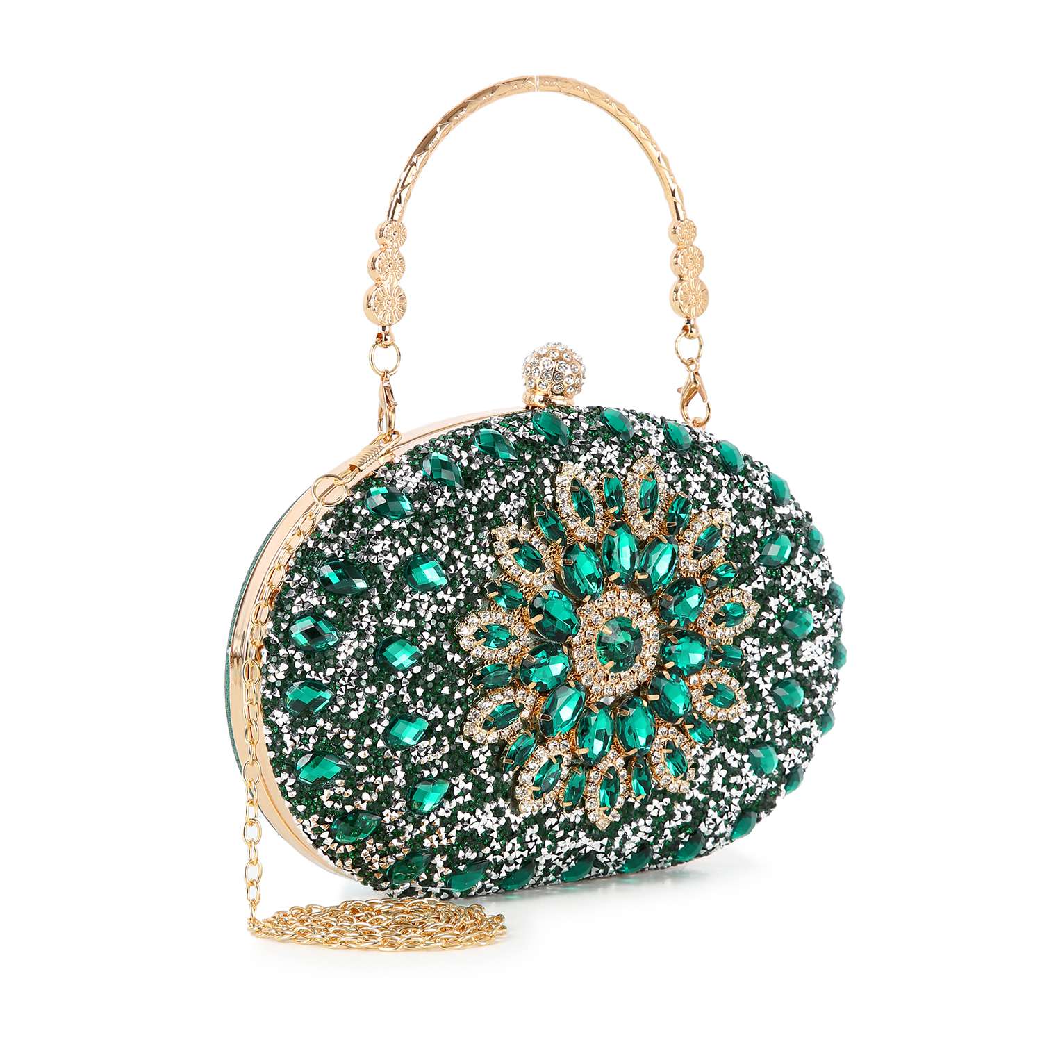 The Highly Decorative Retro Evening Bag is a gold, oval-shaped evening bag with green and clear gemstones in a floral pattern, jeweled clasp, decorative handle, chain handle, and matching gold chain.