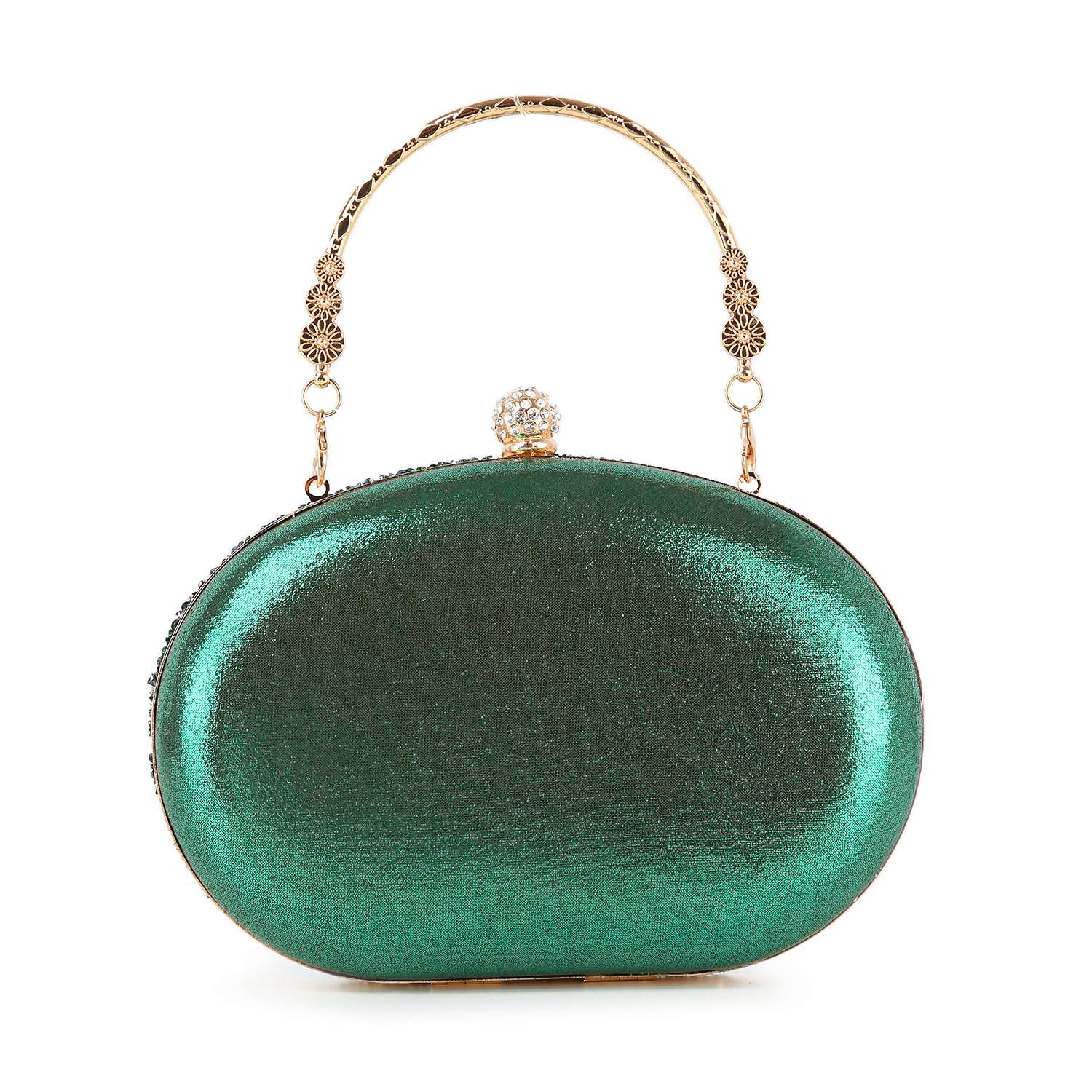 The Highly Decorative Retro Evening Bag is green and oval-shaped with a metallic sheen, featuring a gold chain handle and jeweled top clasp.