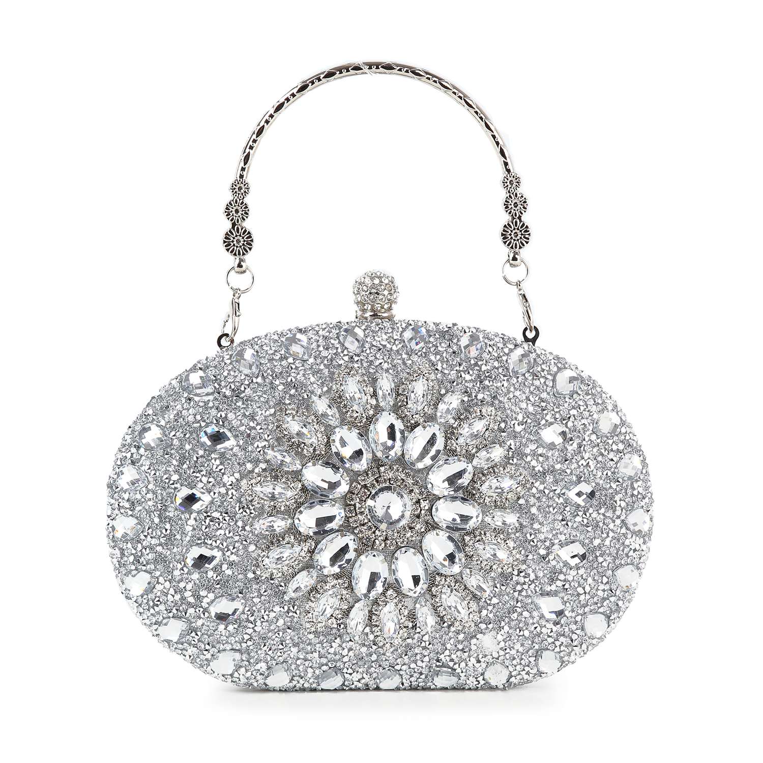 The Highly Decorative Retro Evening Bag is a sparkling silver bag with rhinestones, crystals, a central retro floral pattern, and a decorative silver chain handle.