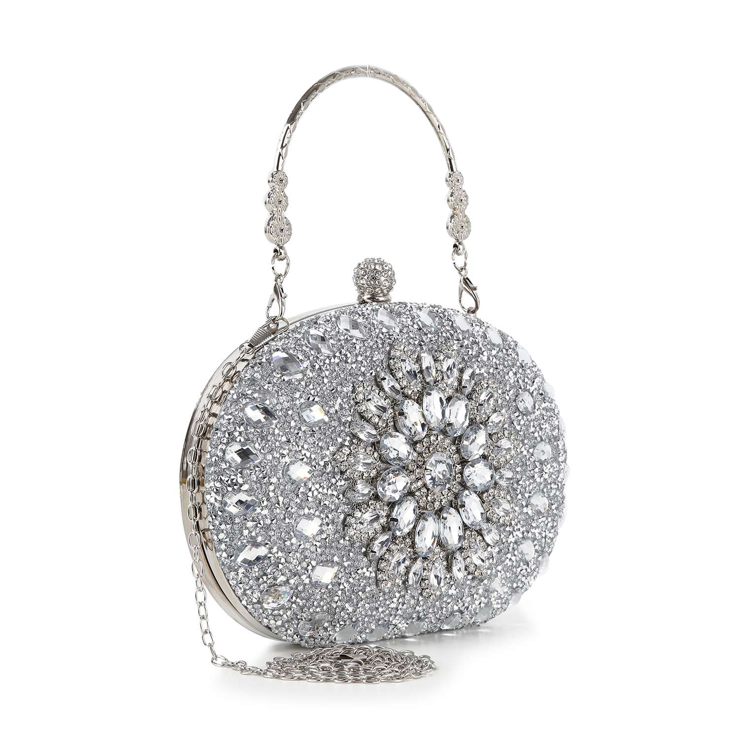 The Highly Decorative Retro Evening Bag is an oval evening bag adorned with silver rhinestones in a sunburst pattern, featuring a decorative handle and a detachable silver chain.
