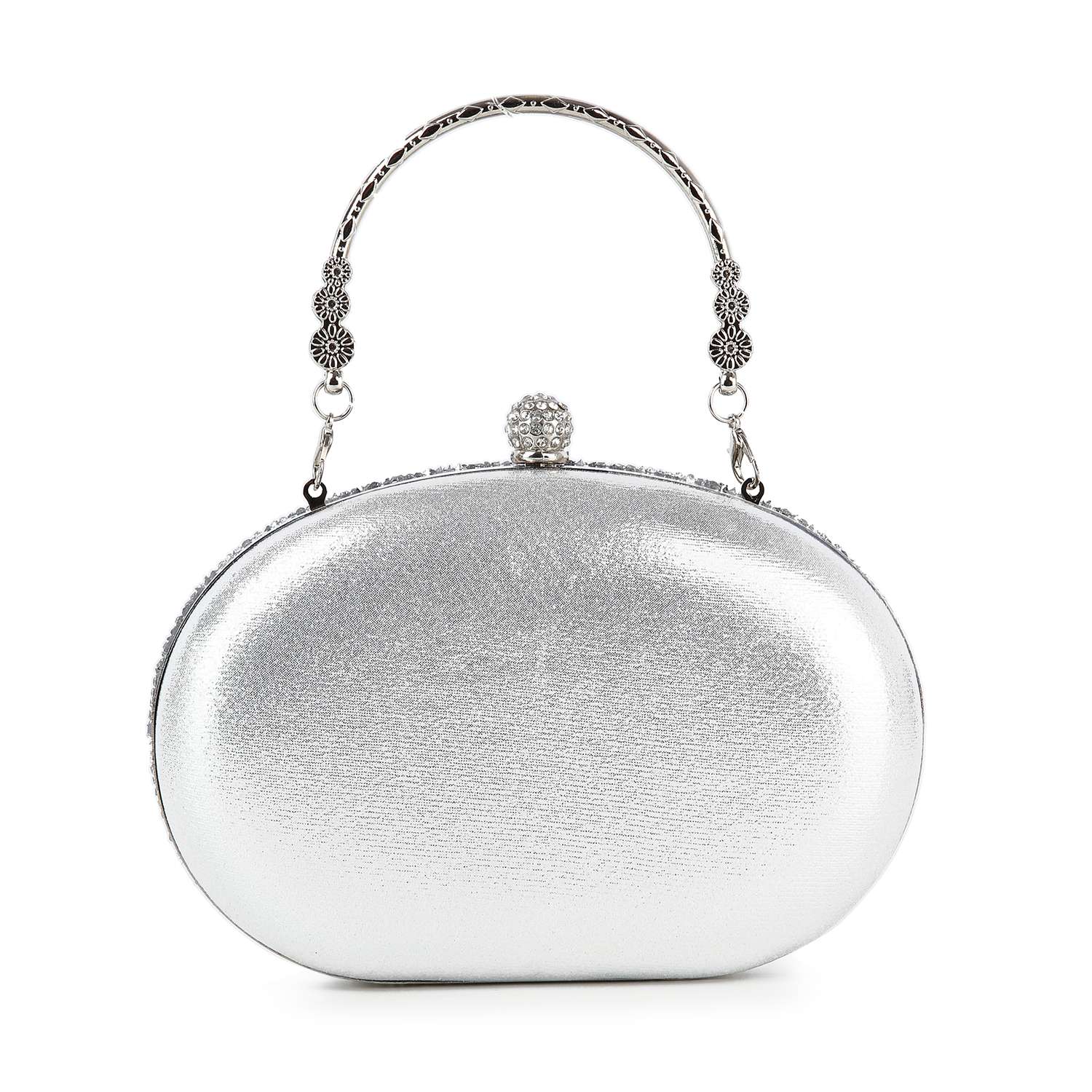 The Highly Decorative Retro Evening Bag is a small, oval-shaped silver evening bag featuring a textured surface, ornate metal handle, and decorative top clasp.