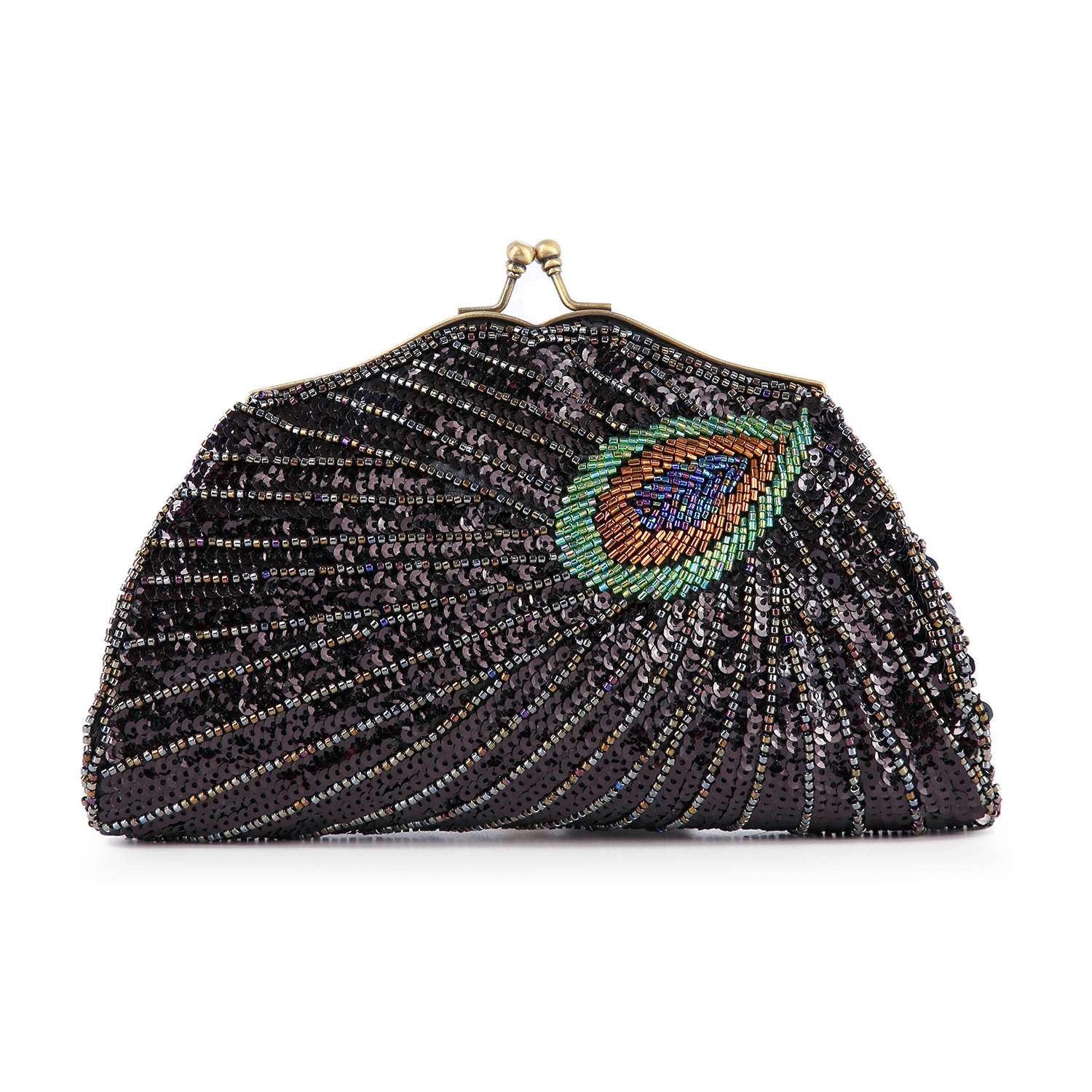 The Beaded And Sequin Evening Bag is a black clutch with a vintage clasp, decorated with colorful peacock feather beading—an elegant accessory to enhance any outfit.