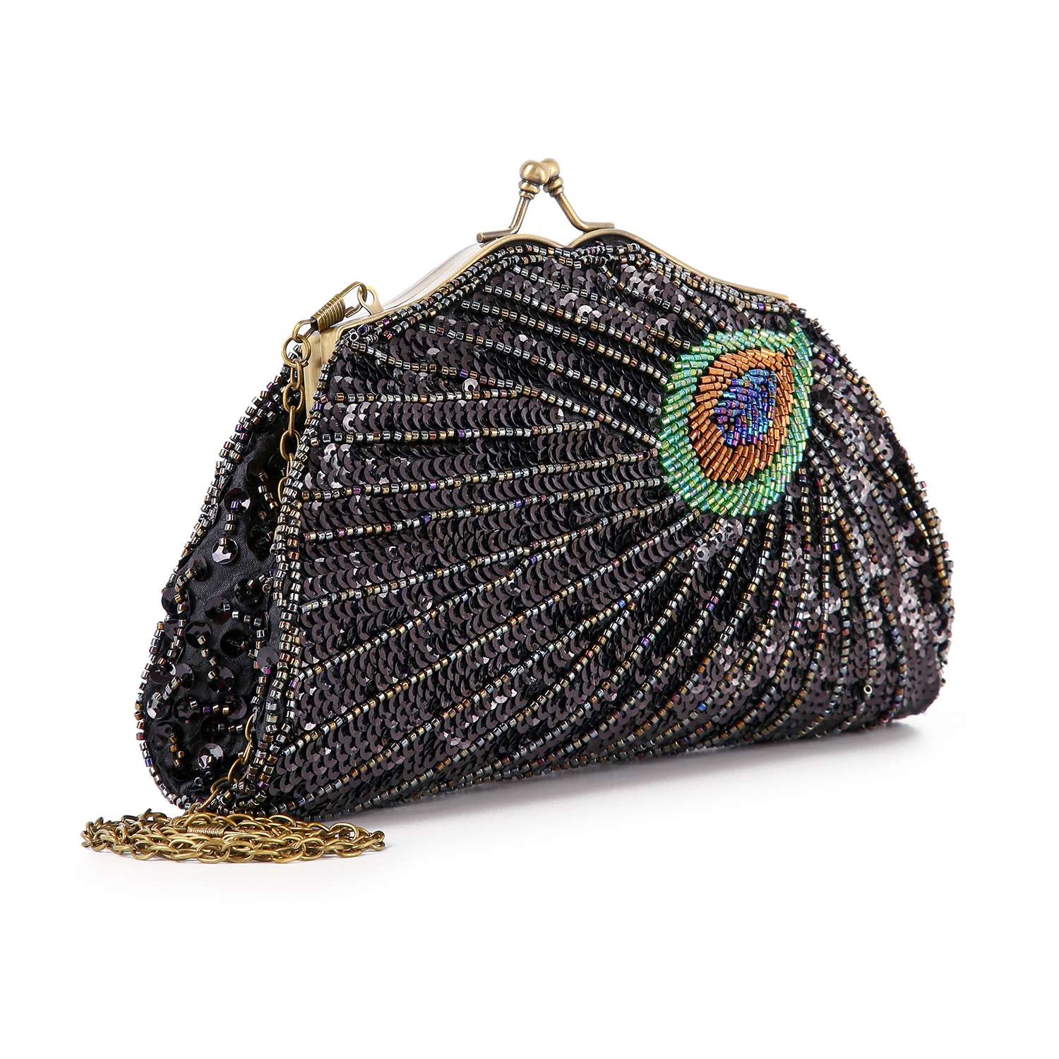 The Beaded And Sequin Evening Bag features a vintage-inspired peacock feather design, intricate black beadwork with vibrant accents, a gold chain strap, and a classic metal kiss-lock clasp for an elegant look.