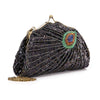 The Beaded And Sequin Evening Bag features a vintage-inspired peacock feather design, intricate black beadwork with vibrant accents, a gold chain strap, and a classic metal kiss-lock clasp for an elegant look.