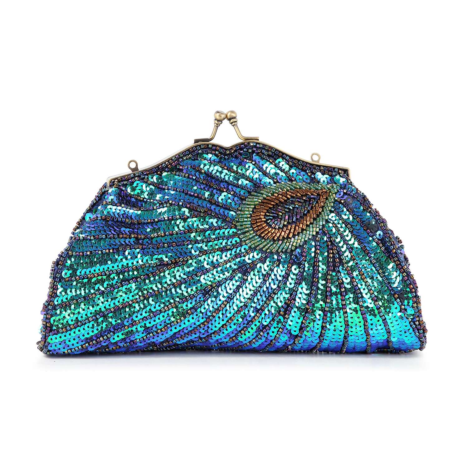 The Beaded And Sequin Evening Bag features shiny blue, green, and gold sequins in a peacock feather design and a vintage-style metal clasp—an elegant choice for evening events.