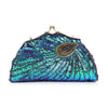 The Beaded And Sequin Evening Bag features shiny blue, green, and gold sequins in a peacock feather design and a vintage-style metal clasp—an elegant choice for evening events.