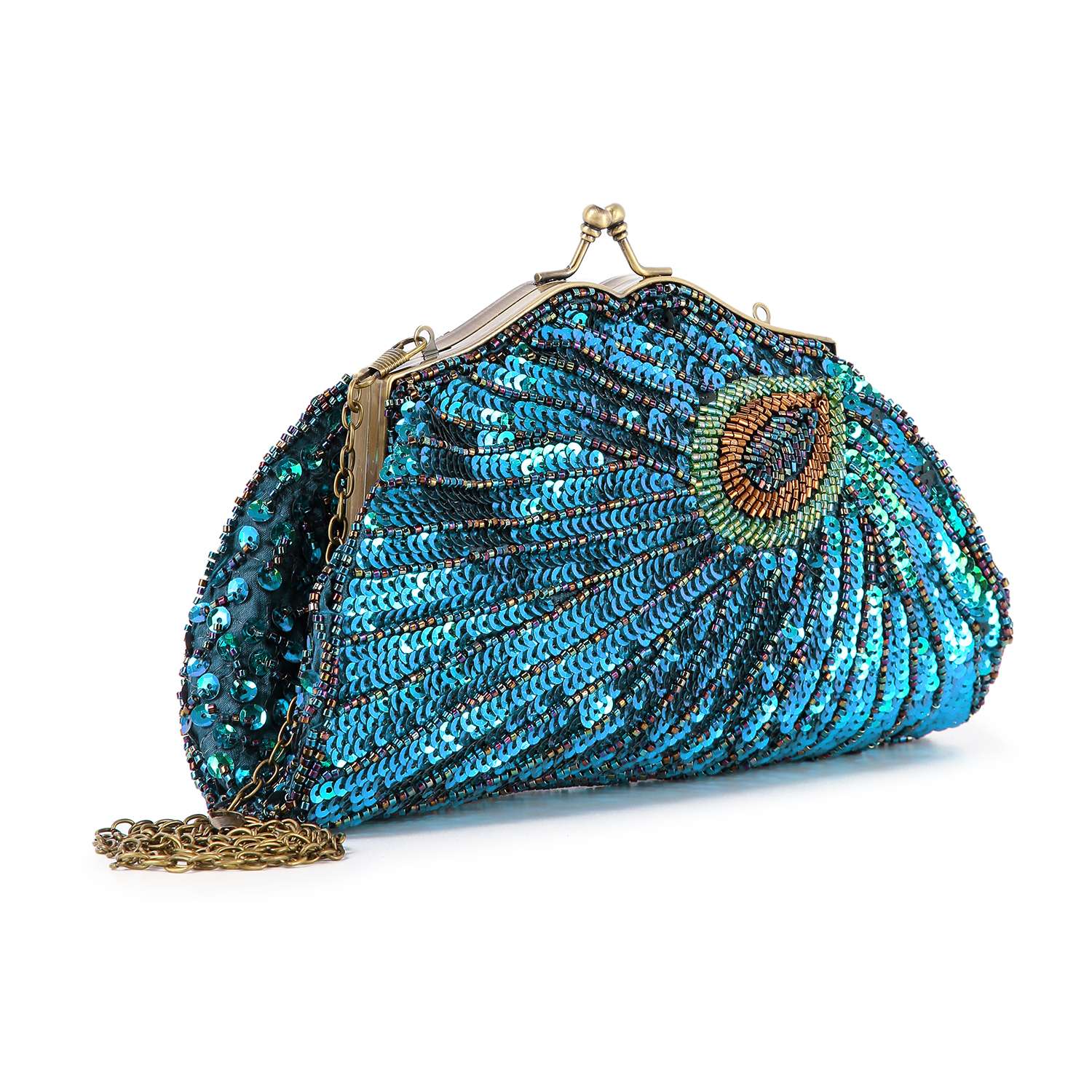 The Beaded And Sequin Evening Bag features turquoise and blue sequins in a peacock feather pattern, with a gold metal clasp and matching chain strap—an elegant clutch perfect for special occasions.