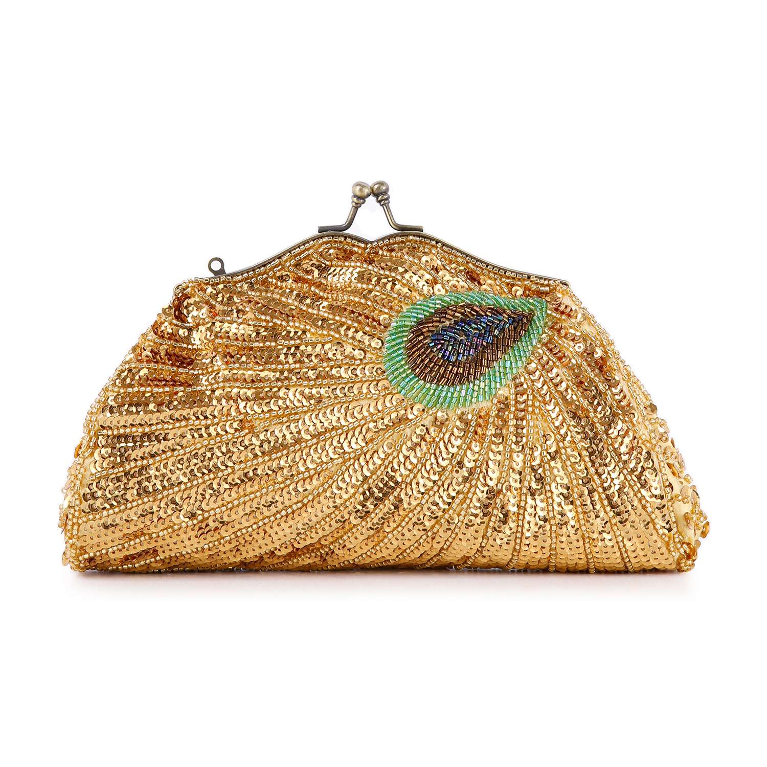 The Beaded And Sequin Evening Bag is a gold sequin clutch with a vintage clasp and a peacock feather design in green, blue, and black beads on one side.