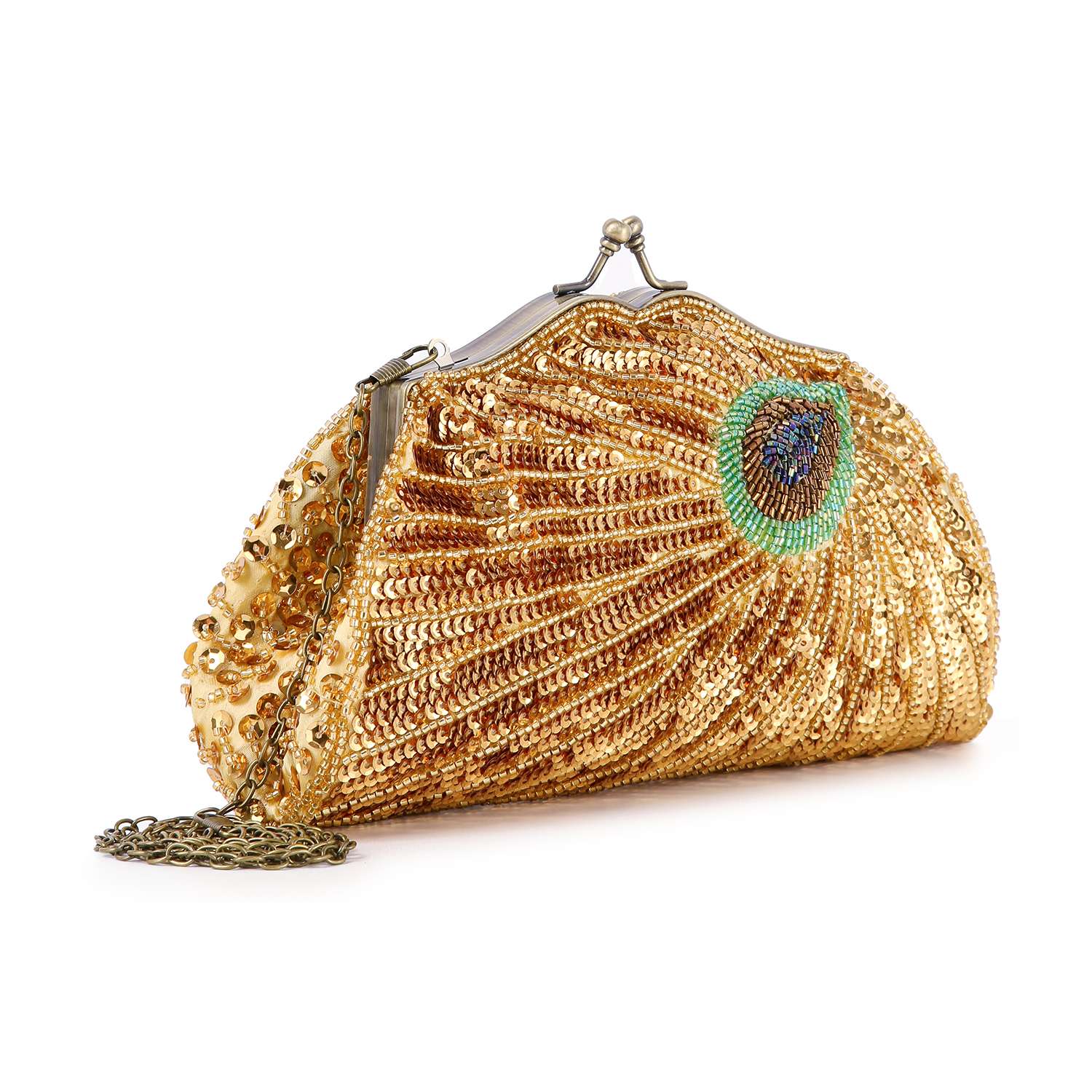 The Beaded And Sequin Evening Bag features a vintage-style gold sequin clutch design with a metal clasp, green, blue, and brown beaded peacock feather pattern, and a decorative chain.
