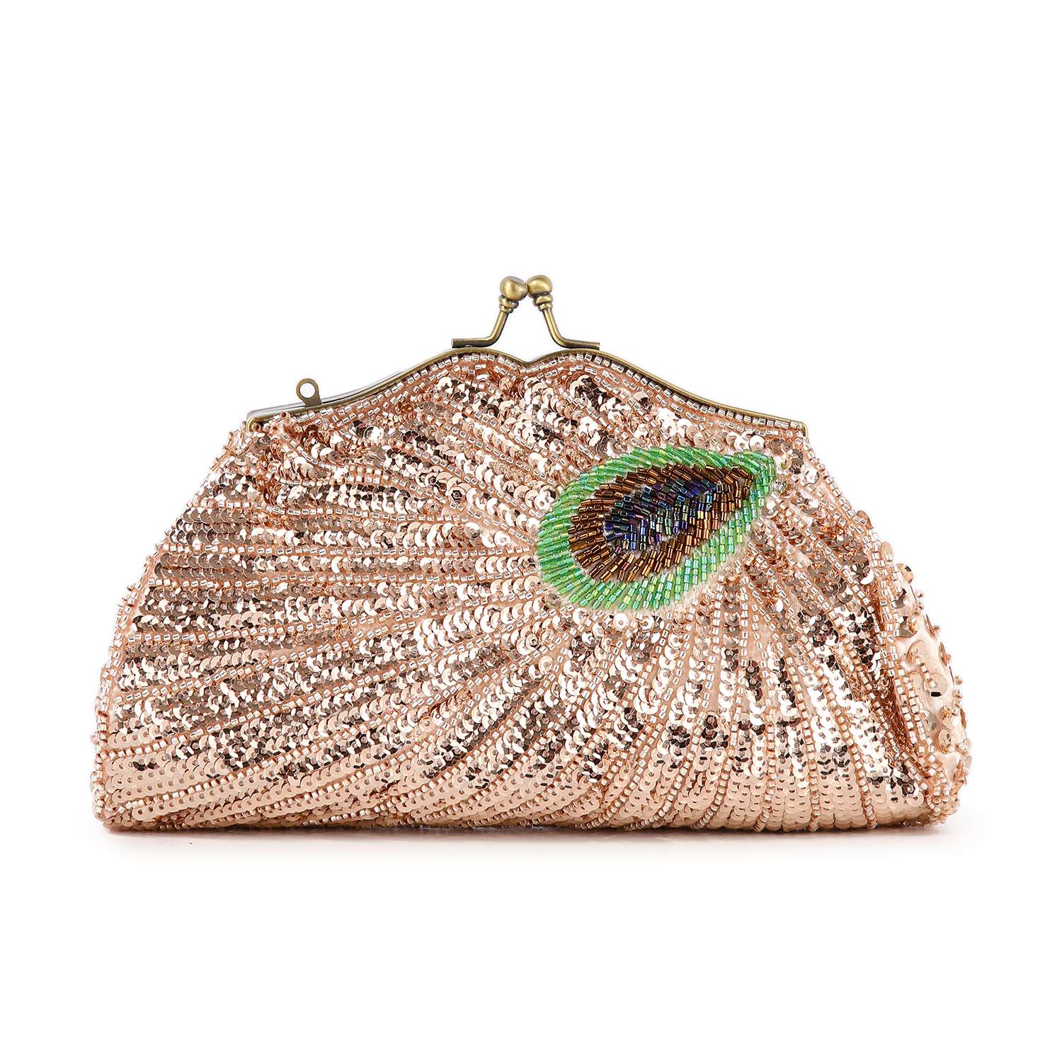 The Beaded And Sequin Evening Bag is a sparkling rose gold clutch with sequins, a clasp closure, and a peacock feather design in green, blue, and gold on one side.