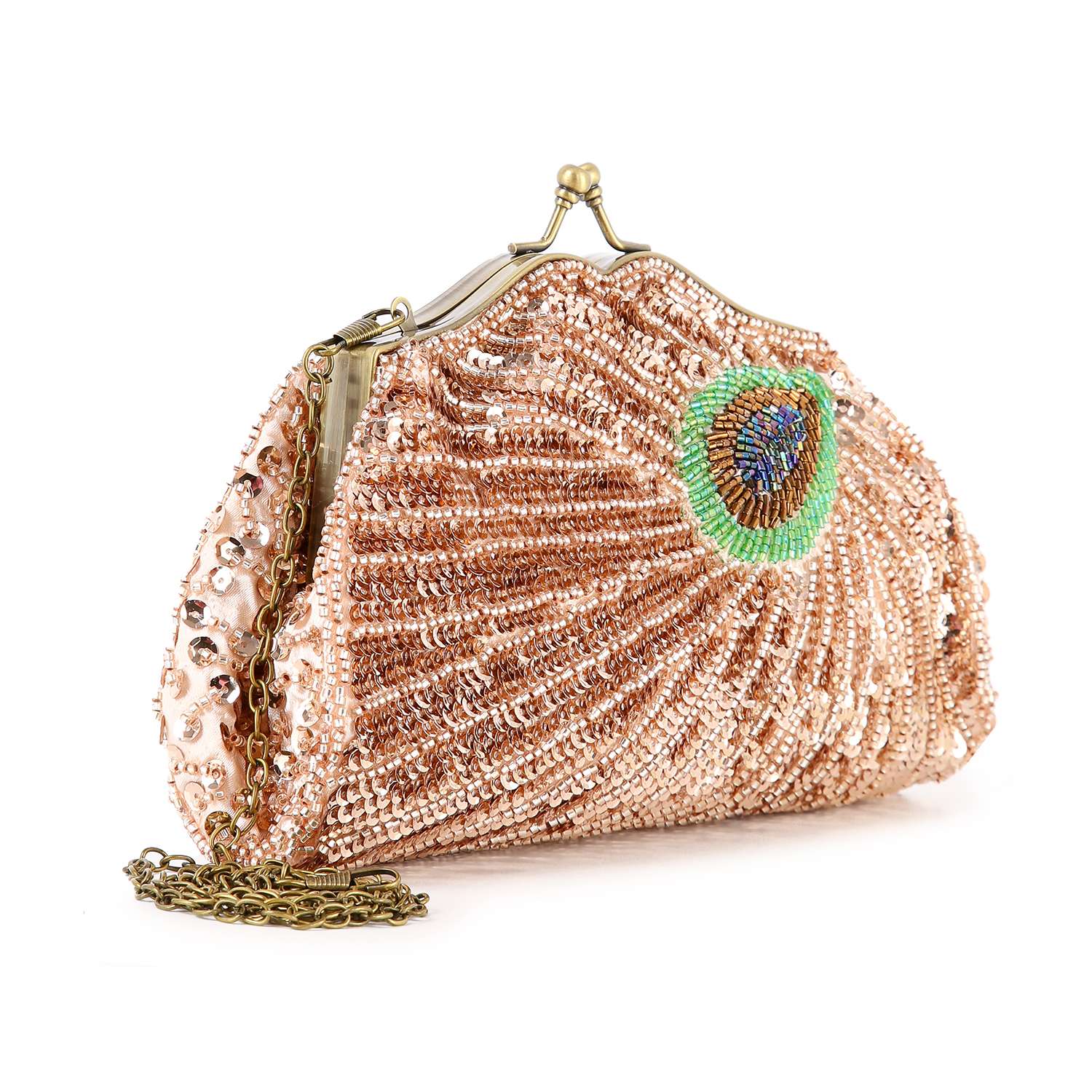 The Beaded And Sequin Evening Bag is a vintage-style, peach clutch with a gold clasp and chain, shiny sequins, and a decorative peacock feather pattern on one side.