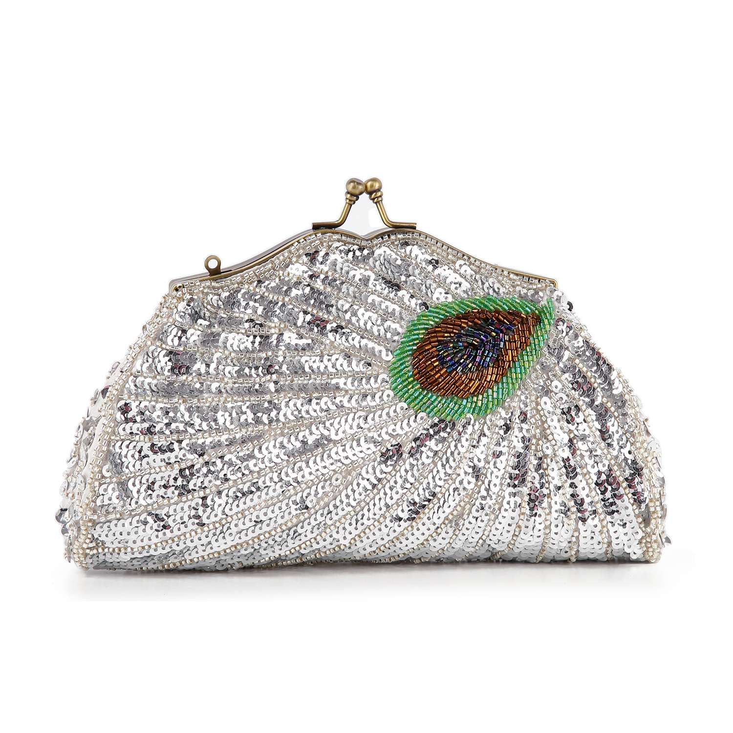 The Beaded And Sequin Evening Bag features a silver sequin exterior, metallic clasp, and embroidered peacock feather on one side—an elegant clutch that adds glamour to any outfit.