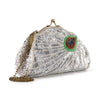 The Beaded And Sequin Evening Bag features a vintage-inspired silver sequin finish, metal clasp, gold chain strap, and an eye-catching beaded peacock feather design—ideal for special occasions.