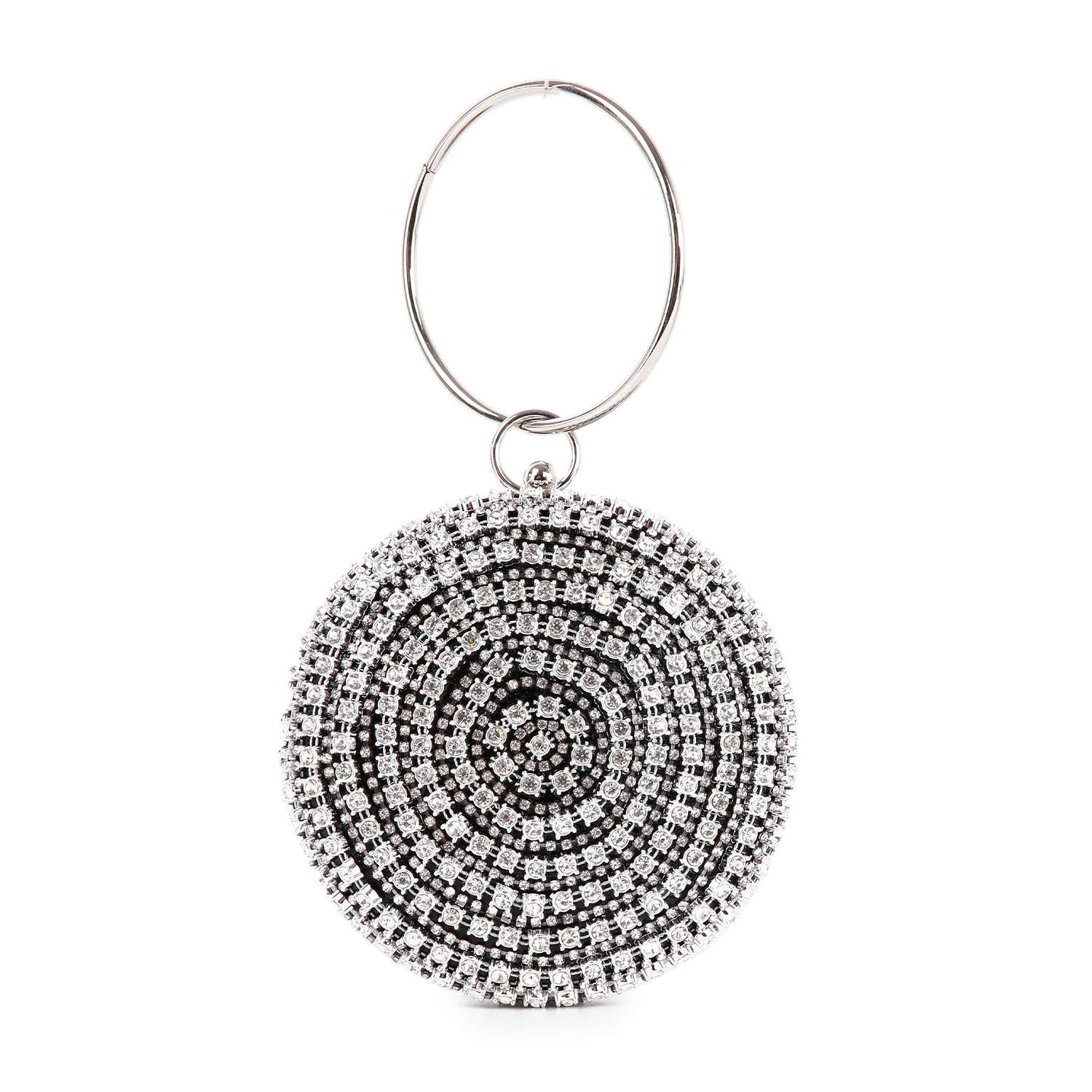 The Circular Rhinestone Evening Bag features a round keychain with a black and silver spiral pattern of shiny rhinestones, reminiscent of an evening bag, attached to a simple metal keyring.