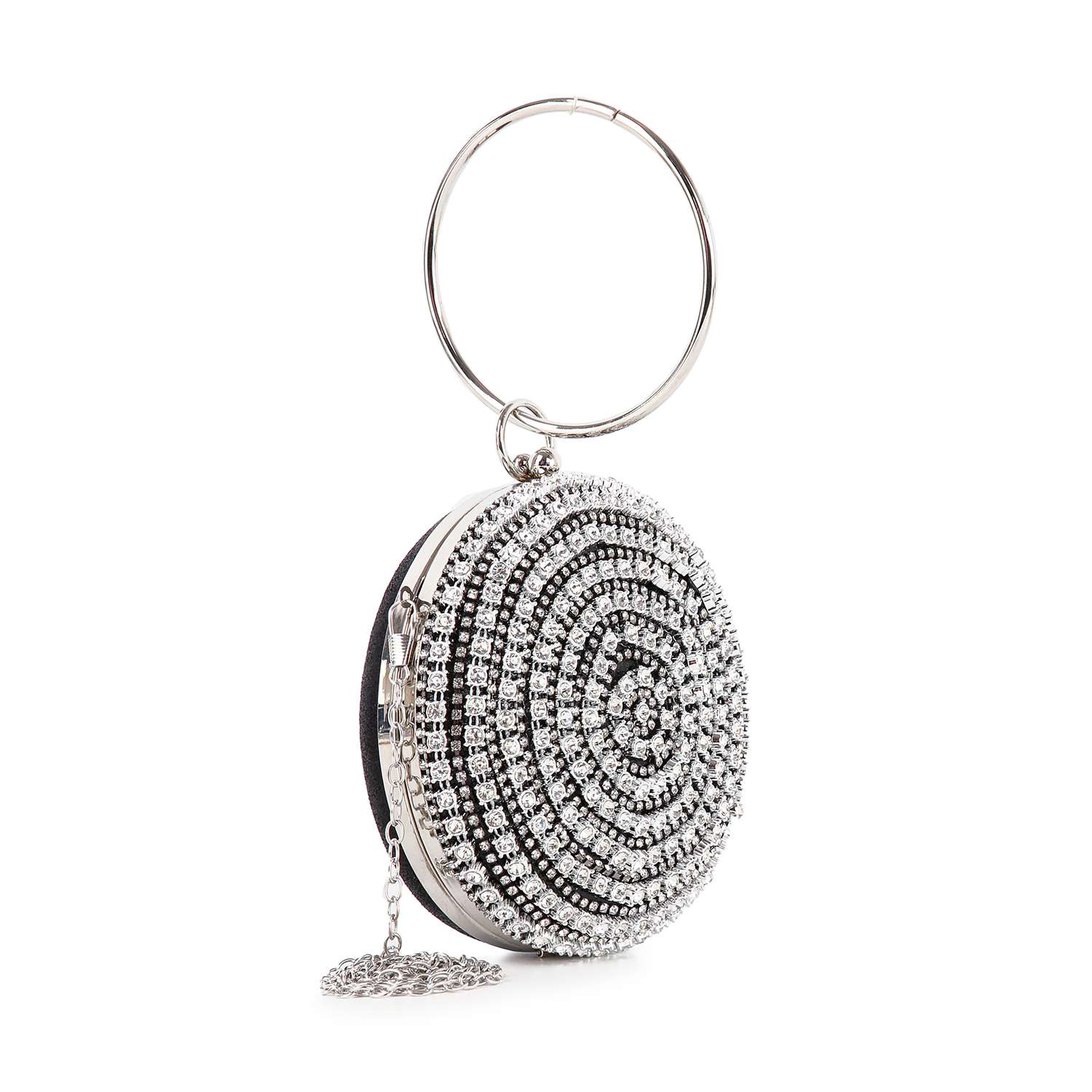 A compact round keychain with a silver ring, inspired by the Circular Rhinestone Evening Bag, featuring sparkling rhinestones in concentric circles and a small decorative chain.