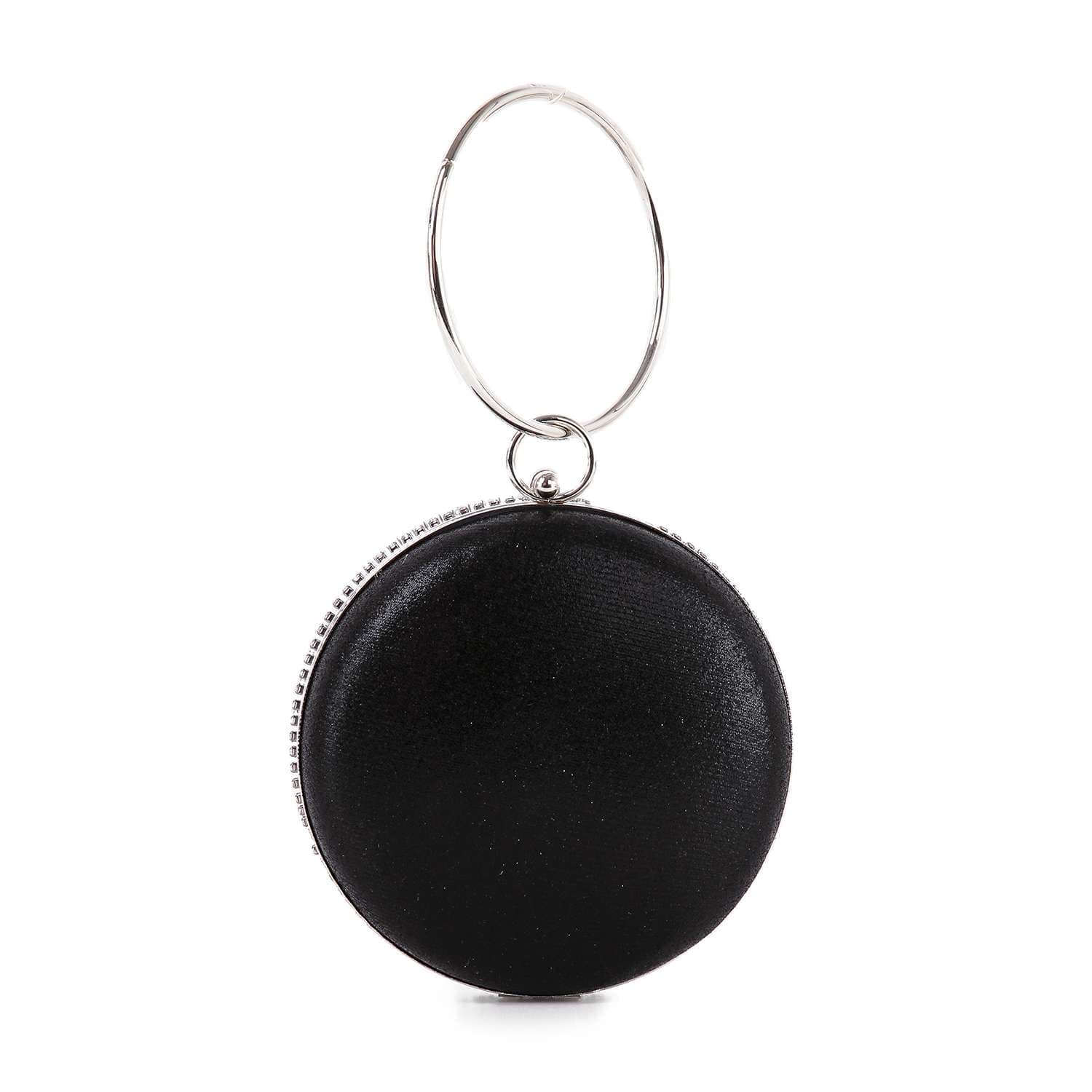 A chic black Circular Rhinestone Evening Bag features a round faux leather design, silver zipper edging, and a large silver key ring at the top—reminiscent of a stylish wristlet.