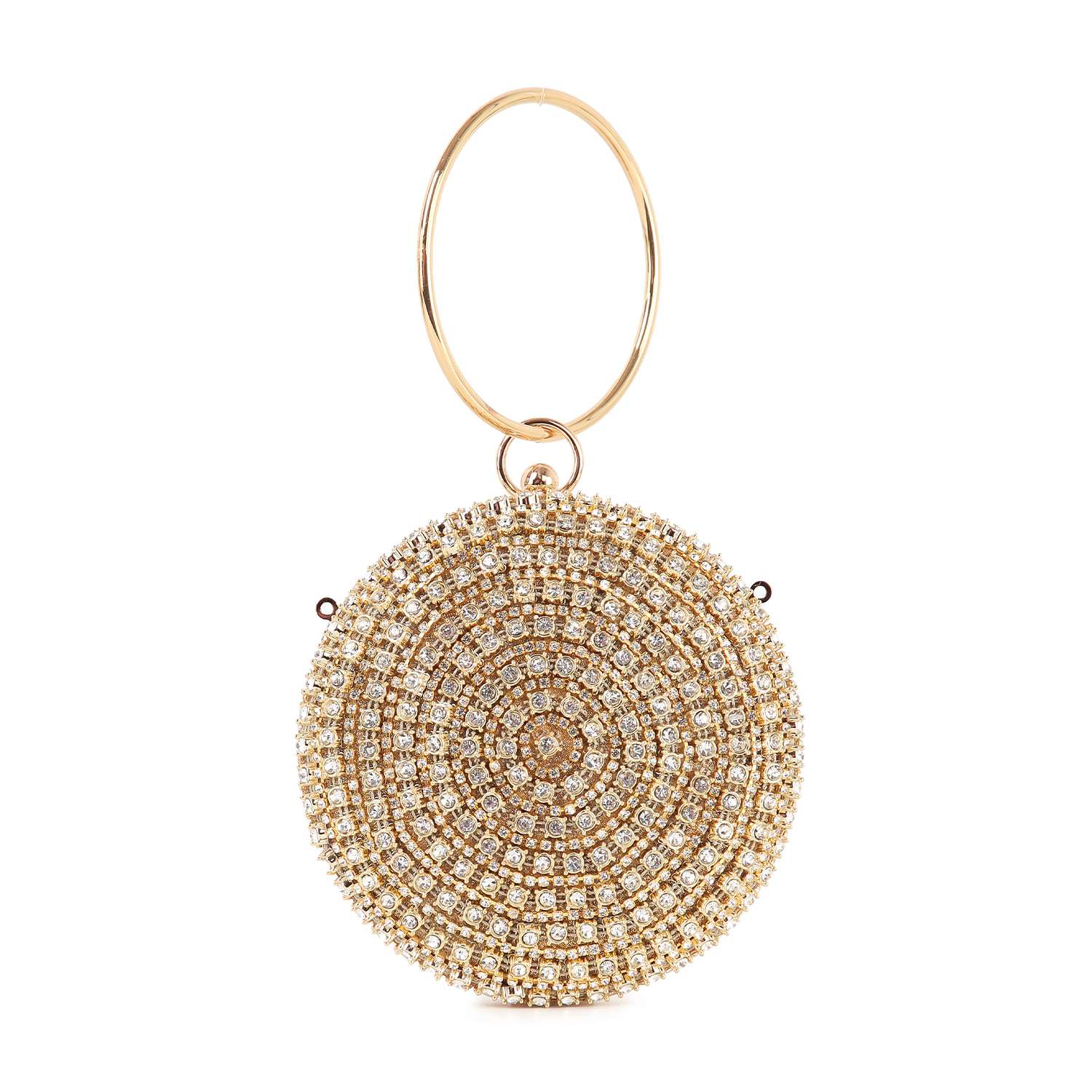 The Circular Rhinestone Evening Bag is a round gold clutch with a sparkling circular rhinestone pattern and a large gold ring handle, making it the perfect chic wristlet for any glamorous occasion.