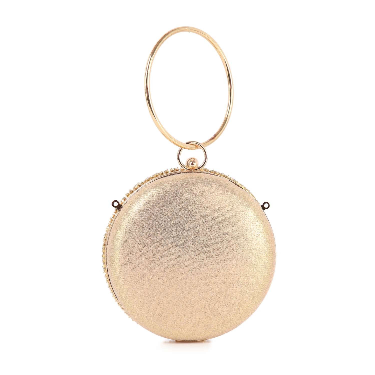The Circular Rhinestone Evening Bag is a round, gold metallic clutch with a textured surface and a large circular handle on top, shown standing upright against a white background.