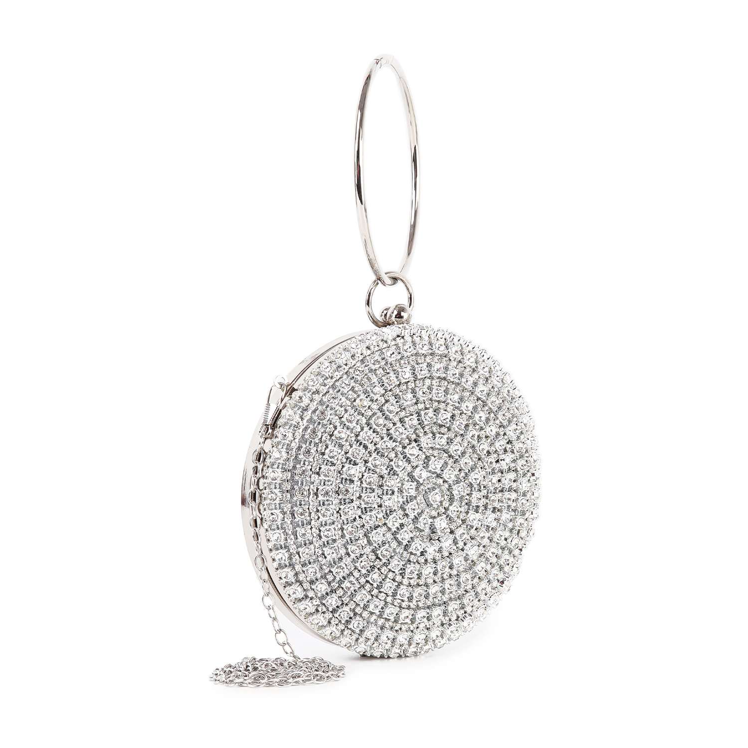 The Circular Rhinestone Evening Bag features dazzling rhinestones, a sleek metal ring handle, and a heart-shaped charm—making it the perfect glamorous wristlet for special nights out.