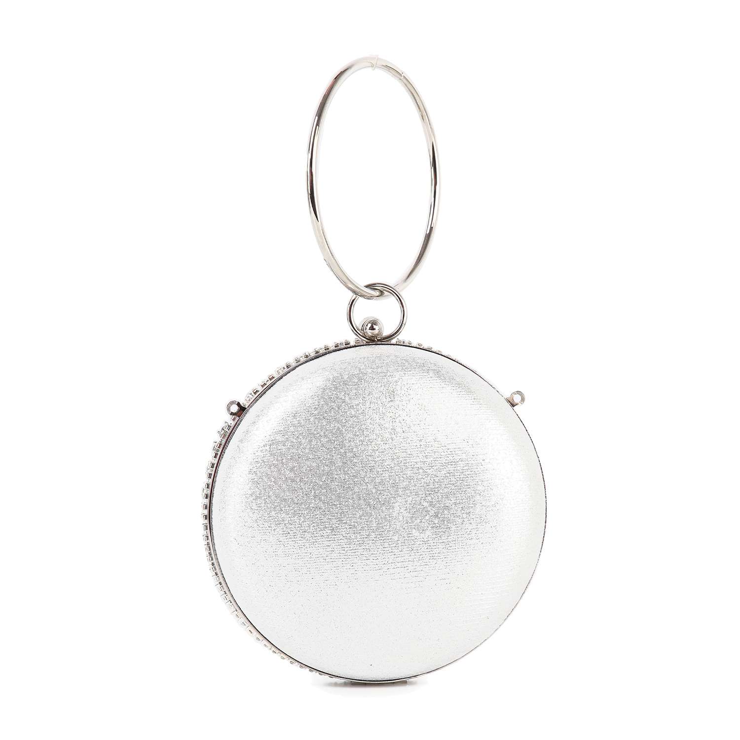 Inspired by the Circular Rhinestone Evening Bag, this round silver metallic keychain features a smooth, shiny surface and a large circular ring at the top, blending elegant fashion with practical design.