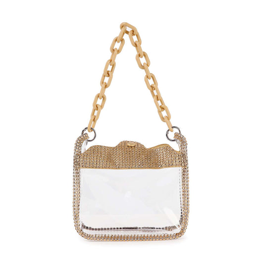 The Rhinestone Trimmed Clear Stadium Approved Shoulder Bag features a transparent body, gold chain strap, radiant rhinestone trim, and a textured gold-accented top edge—ideal for stylish stadium entry.