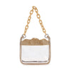 The Rhinestone Trimmed Clear Stadium Approved Shoulder Bag features a transparent body, gold chain strap, radiant rhinestone trim, and a textured gold-accented top edge—ideal for stylish stadium entry.