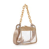 The Rhinestone Trimmed Clear Stadium Approved Shoulder Bag features a small clear body, beige chain handle, beige fabric strap, and sparkling rhinestone trim—combining stadium-approved style with practical elegance.