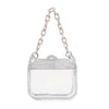 The Rhinestone Trimmed Clear Stadium Approved Shoulder Bag features sparkling rhinestone edges, a clear body, and a chunky light-colored chain handle—perfect for chic stadium-approved style.