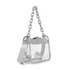 The Rhinestone Trimmed Clear Stadium Approved Shoulder Bag features a transparent rectangular body, rhinestone trim, silver accents, chunky chain handle, detachable strap, and metallic clasp for a trendy and chic stadium-ready look.