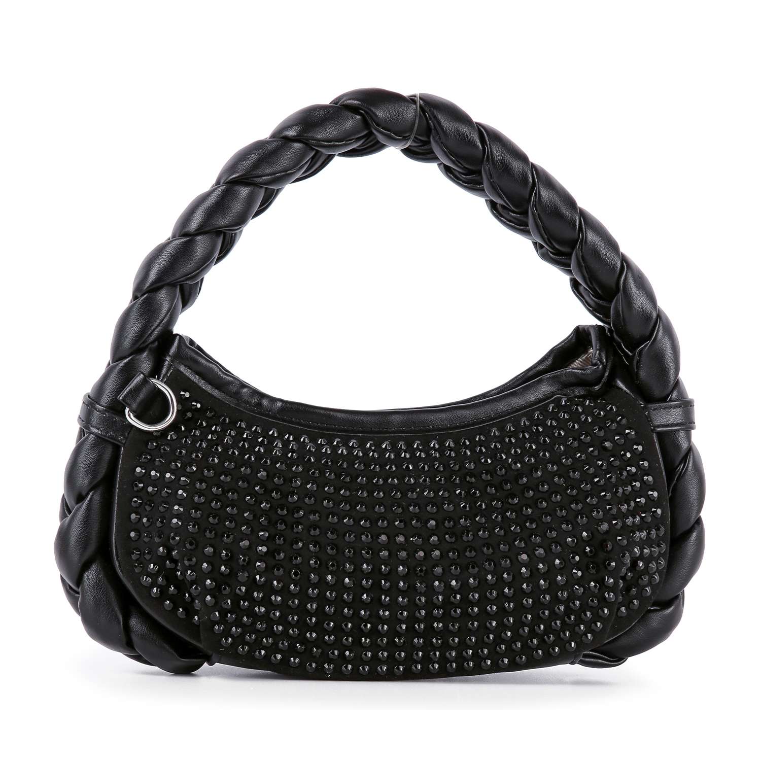 The Petite Decorative Trim Shoulder Bag is made from faux leather, with a thick braided handle and a front panel decorated with small, evenly spaced silver-toned studs.