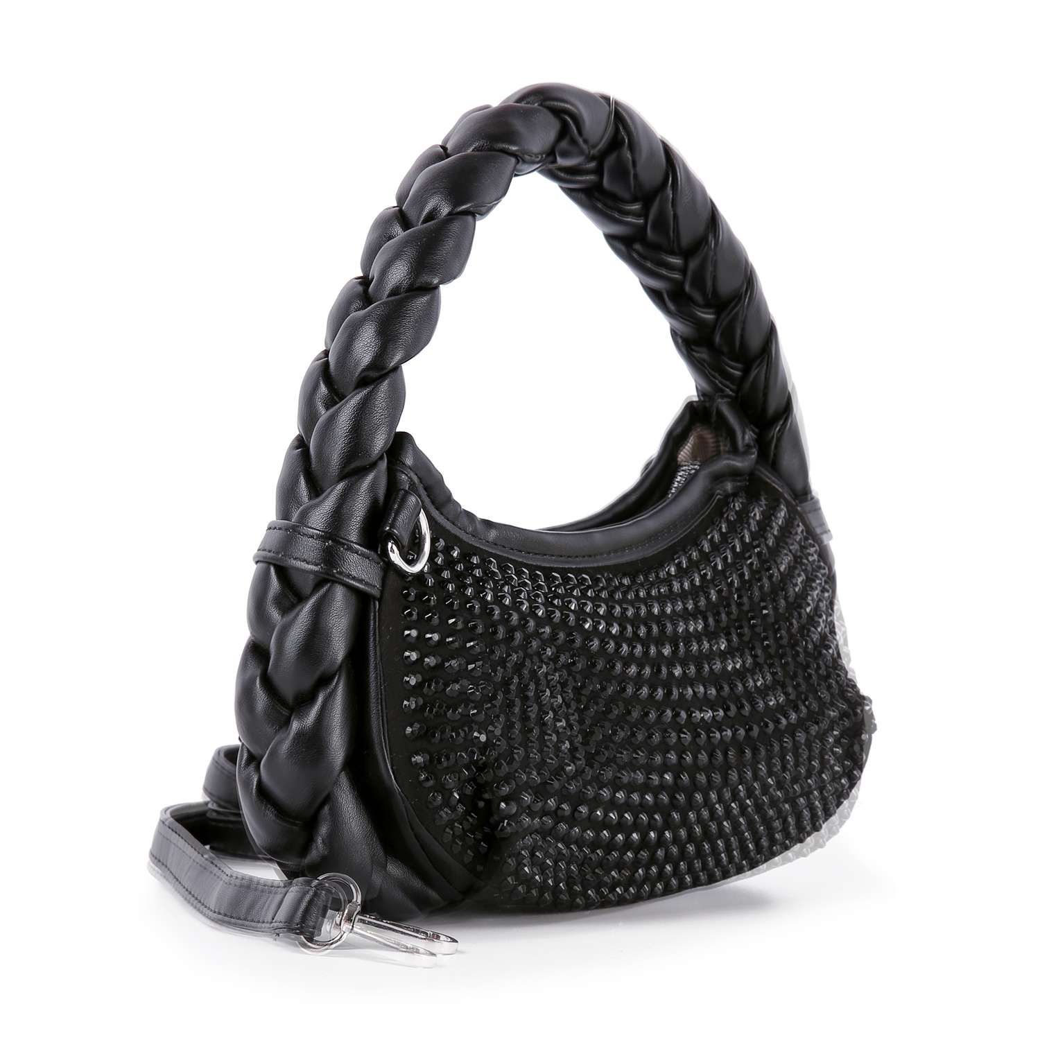 The Petite Decorative Trim Shoulder Bag is a black faux leather handbag with a thick braided handle, textured studded front, rounded shape, detachable shoulder strap, and silver-toned hardware.