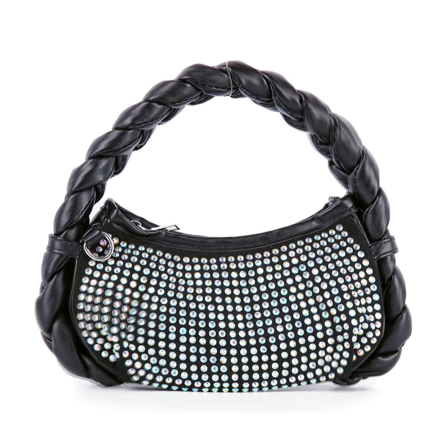 The Petite Decorative Trim Shoulder Bag is a black, petite handbag featuring a thick braided handle, shiny silver rhinestones adorning the front, and elegant silver-toned hardware.