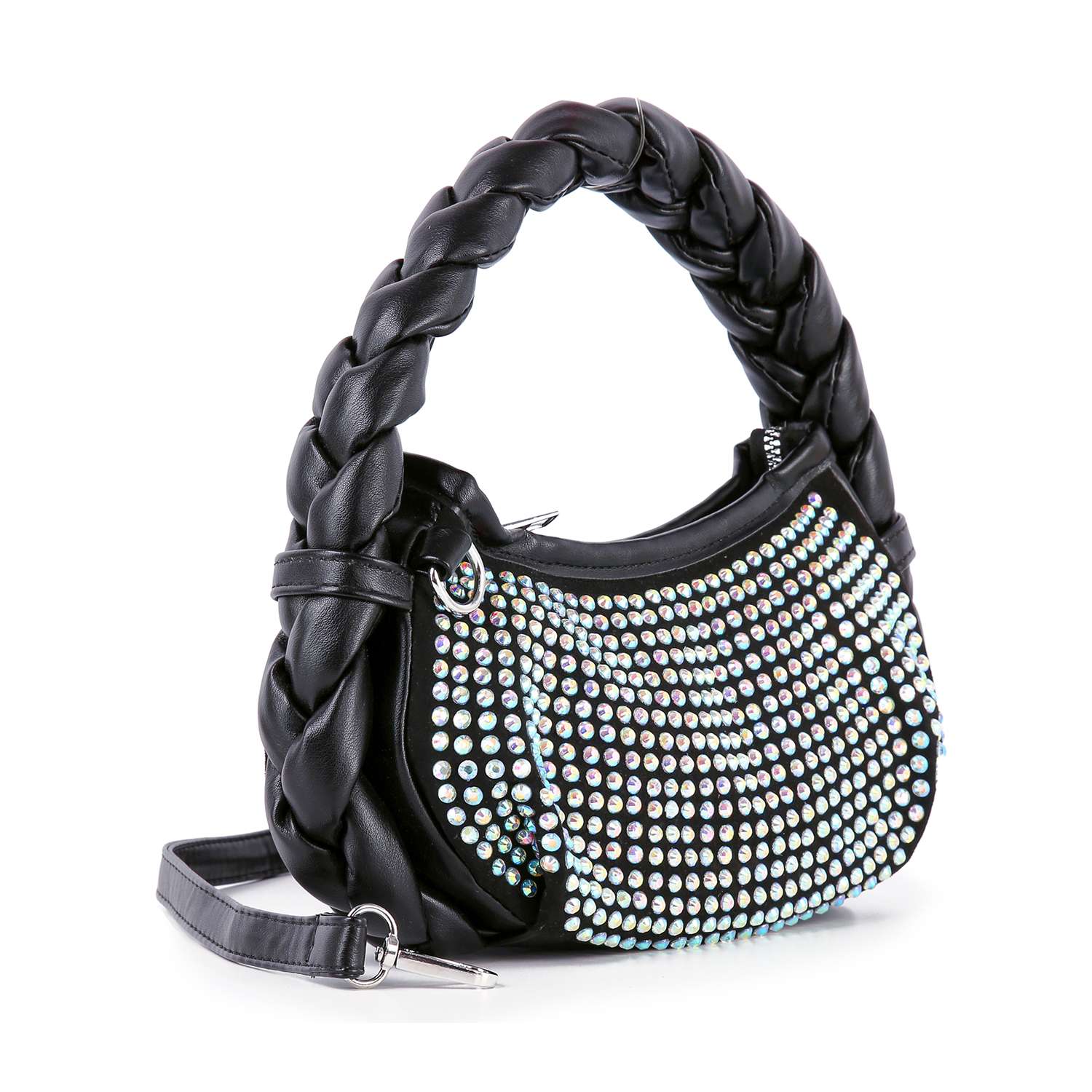 The Petite Decorative Trim Shoulder Bag is crafted from luxe faux leather with a thick braided handle, detachable strap, and silver-toned hardware. Rows of sparkling rhinestones accent the front for a dazzling finish.