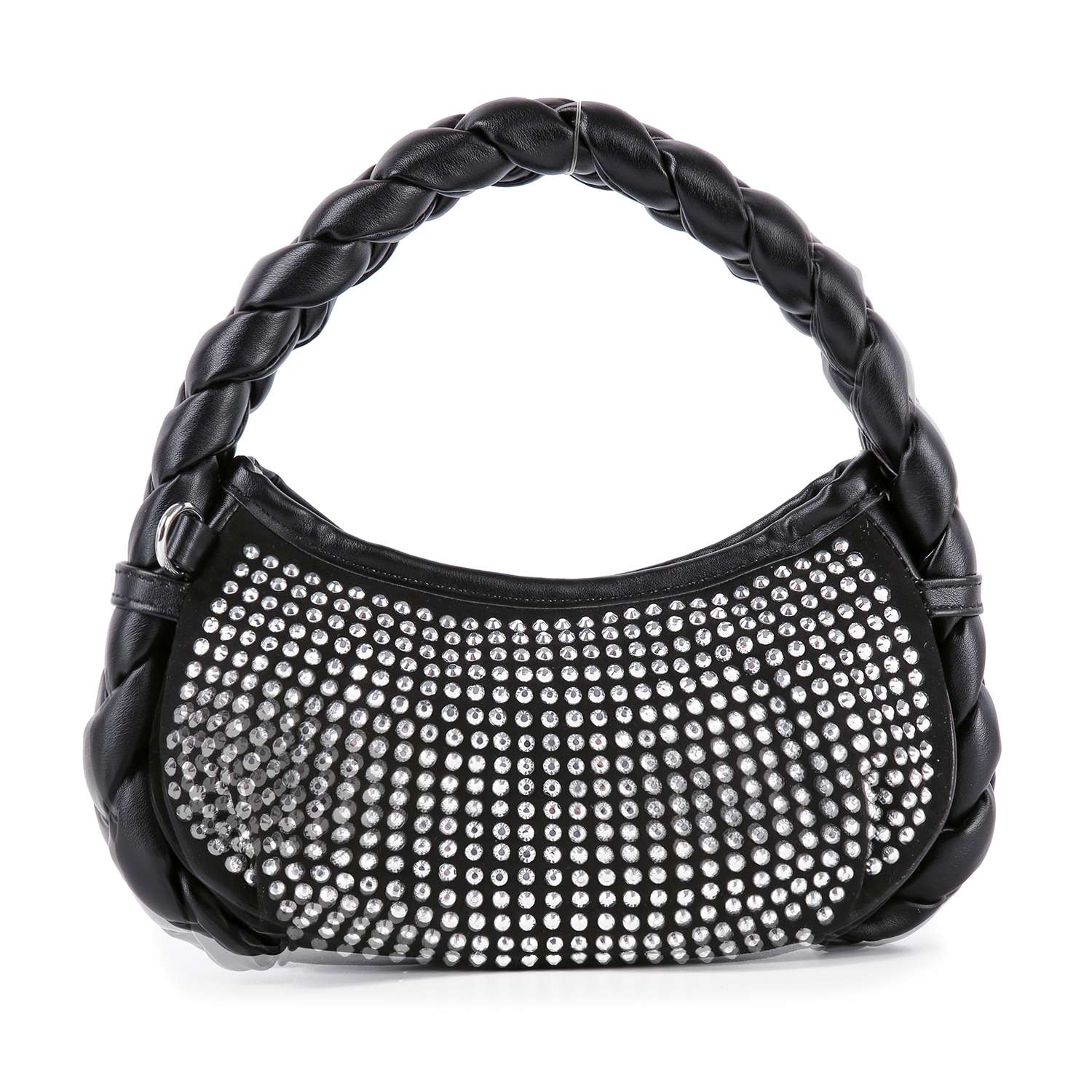 The Petite Decorative Trim Shoulder Bag is crafted in faux leather with a thick twisted handle, rows of silver-toned studs on the front, and rounded shape with matching hardware for a modern, stylish look.