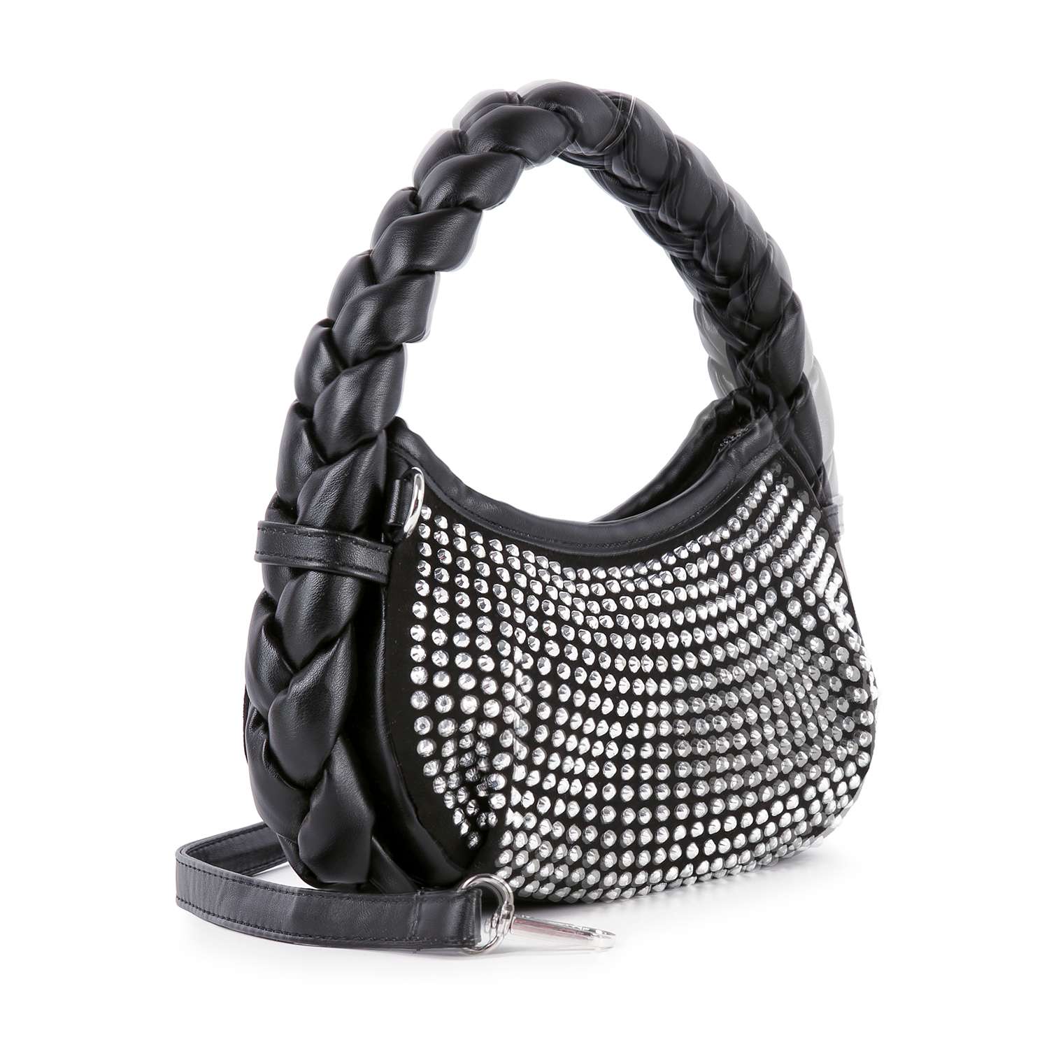 The Petite Decorative Trim Shoulder Bag is a black faux leather handbag with a thick braided handle, shiny silver studs on the front panel in neat rows, and finished with elegant silver-toned hardware.