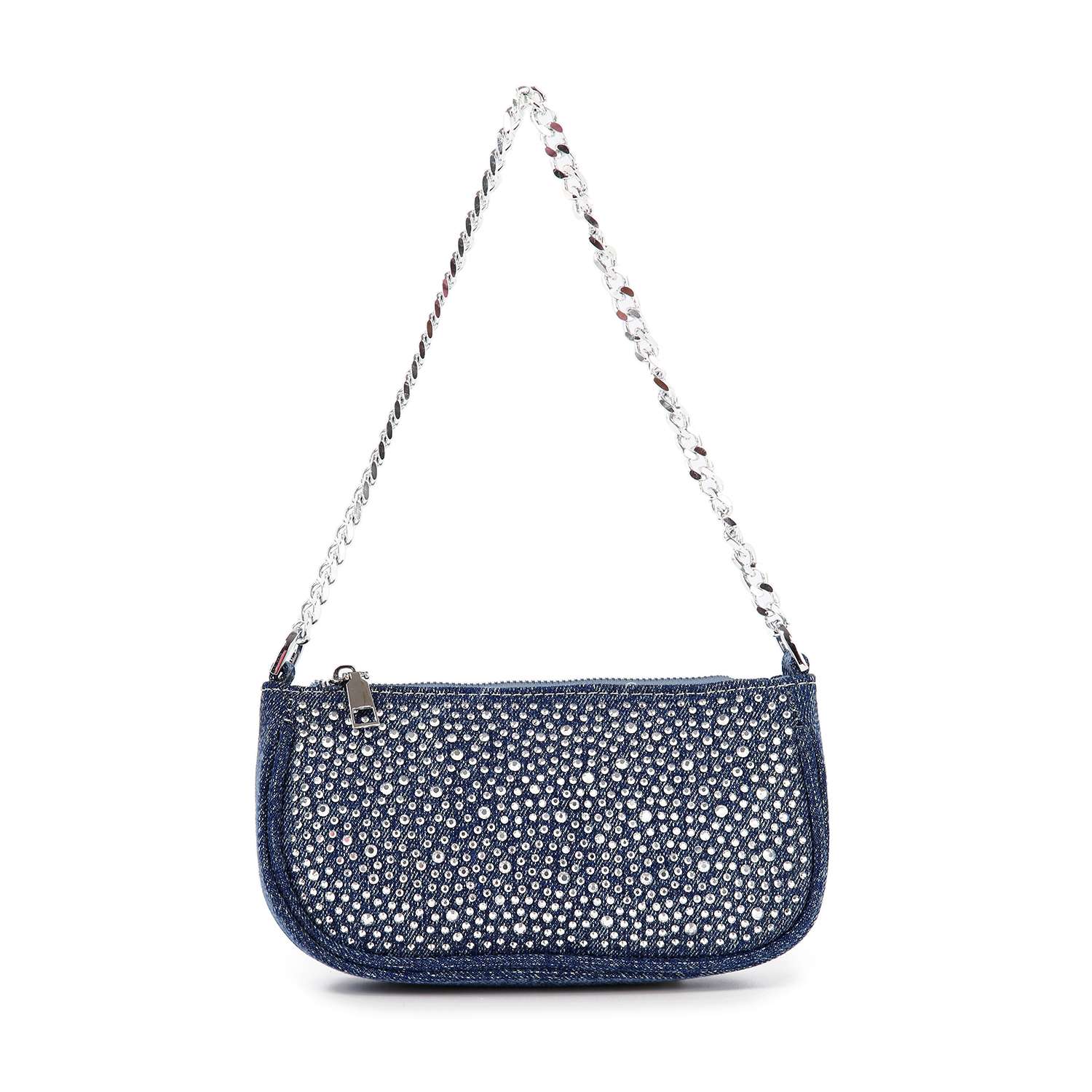 The Denim Bling Shoulder Bag is a small blue denim bag with silver studs, a zip closure, and a stylish silver chain strap—ideal as your everyday accessory.