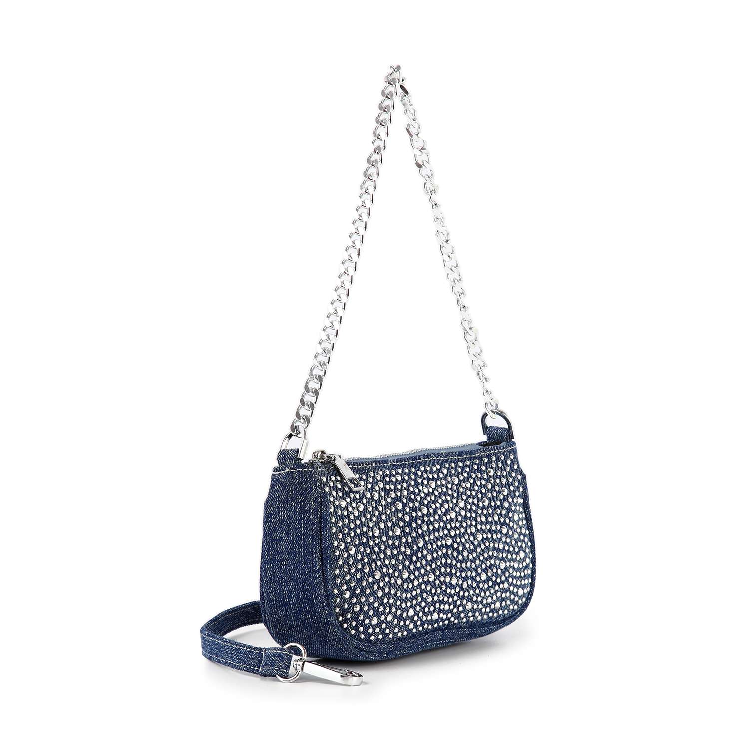 The Denim Bling Shoulder Bag is a small blue denim bag with silver rhinestone accents, a silver chain strap, and an extra detachable blue strap—ideal for everyday use—shown against a white background.