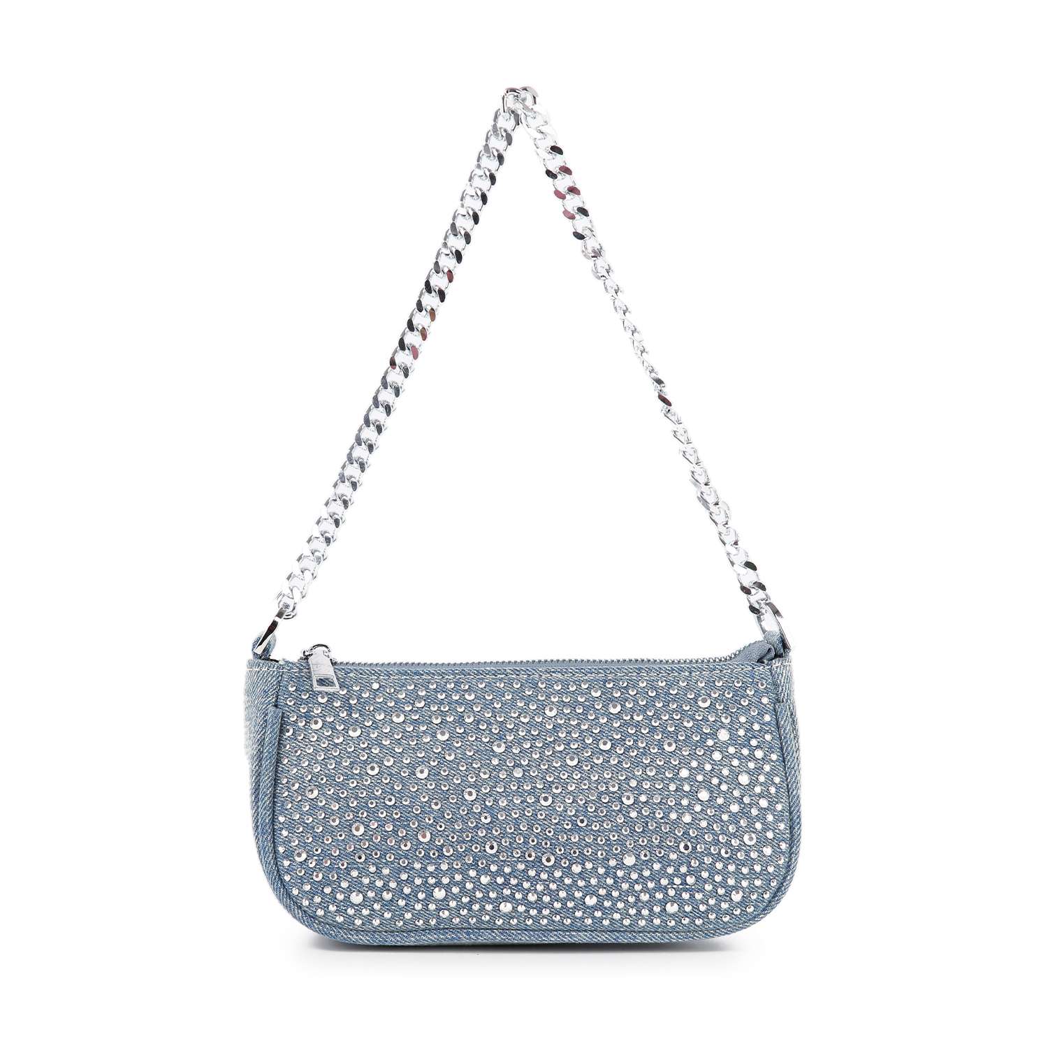 The Denim Bling Shoulder Bag is a small rectangular denim bag with silver studs, rhinestones, a silver chain strap, and zipper closure—perfect as your stylish everyday accessory. Shown against a white background.